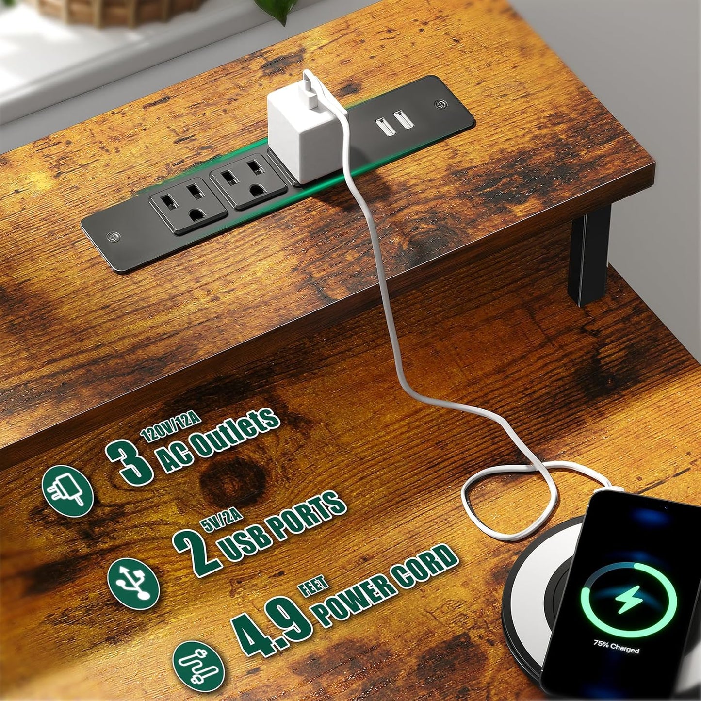 47 Inch Computer Gaming Desk with Power Outlets LED Lights Reversible Home Office with Adjustable Fabric Storage Drawers for Working Writing Study, Rustic Brown