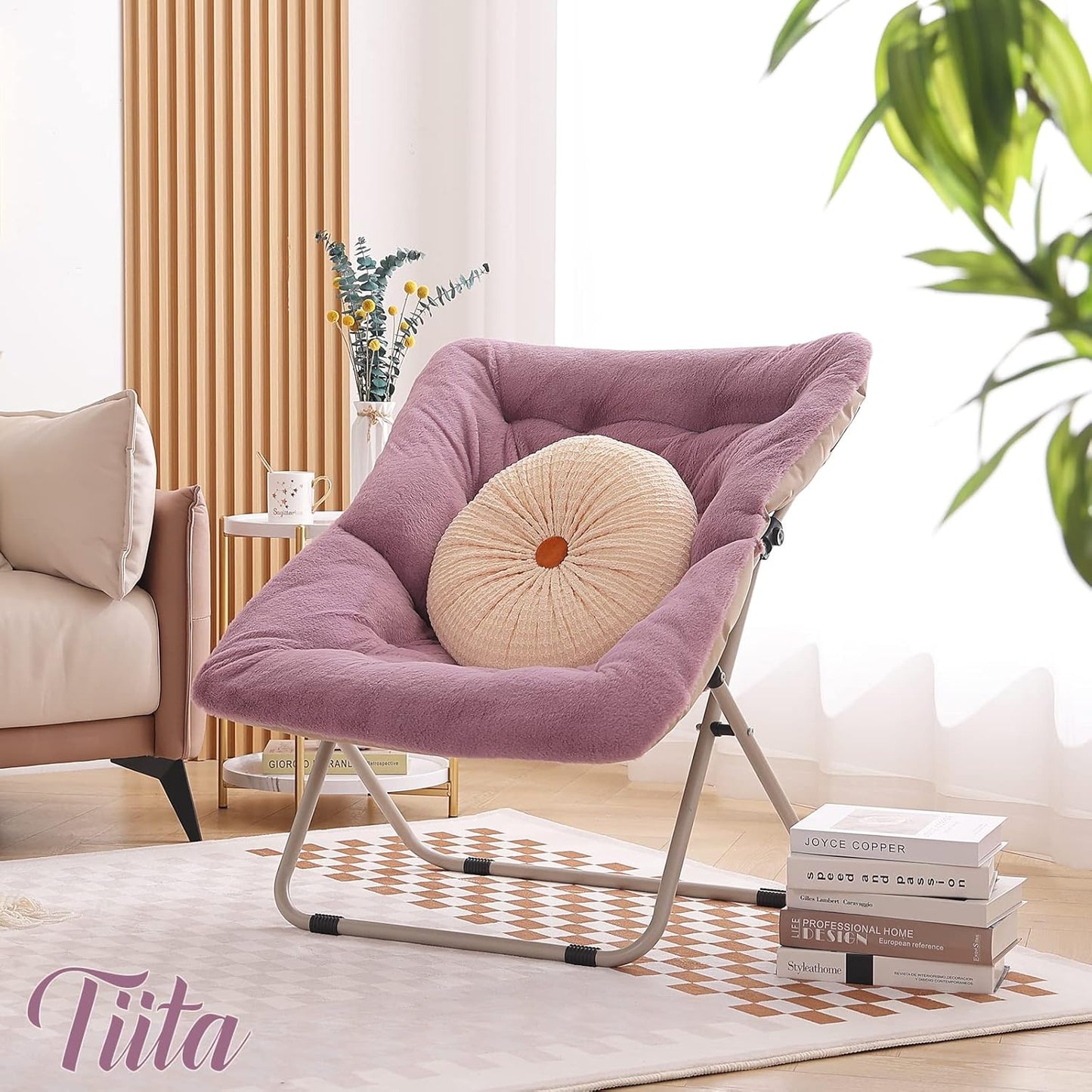 Tiita Comfy Folded Chair, Soft Faux Fur Oversized Folding Accent Chair, Lounge Lazy Chair for Kids Teens Adults, Metal Frame Moon Chair for Bedroom, Living Room, Dorm Rooms