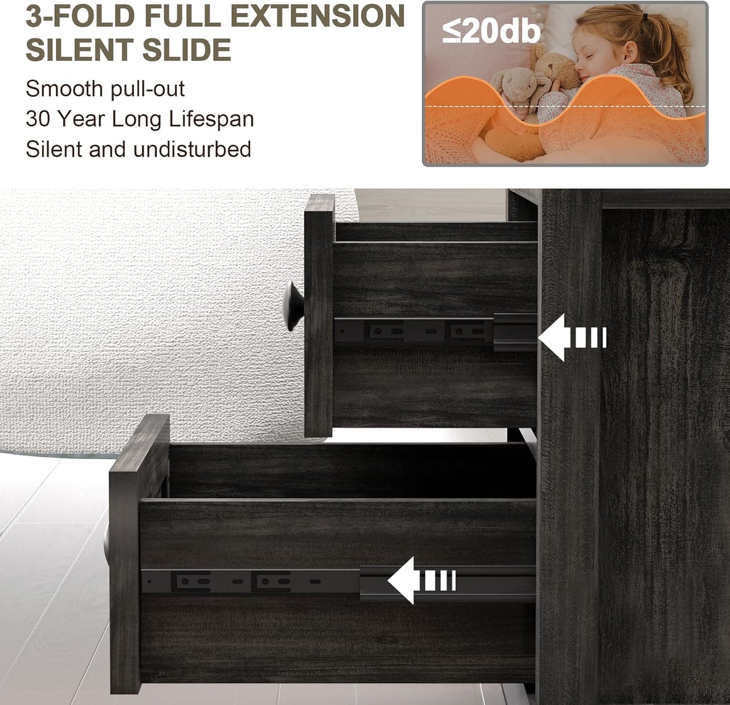 End Table with Fast Charging Station Set of 2, 18" Wide Sofa Side Table with Drawers, Large Storage Rustic Wood Square Storage Cabinet for Living Room