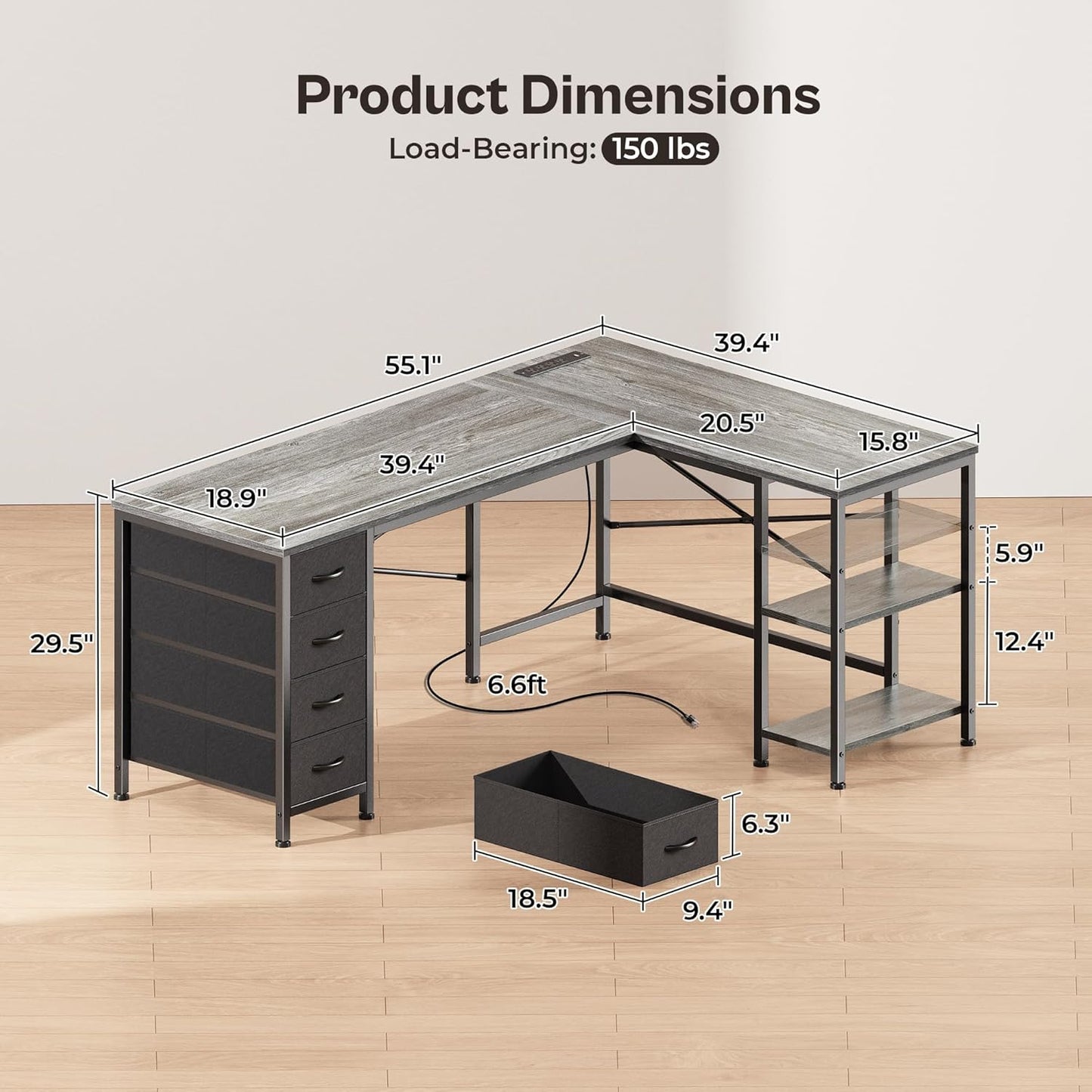 Huuger 55 Inch L Shaped Desk with Fabric Drawers, Reversible Computer Gaming Desk with Power Outlets and USB-C Port, Adjustable Side Storage Shelves, for Work Study Corner Home Office, Grey