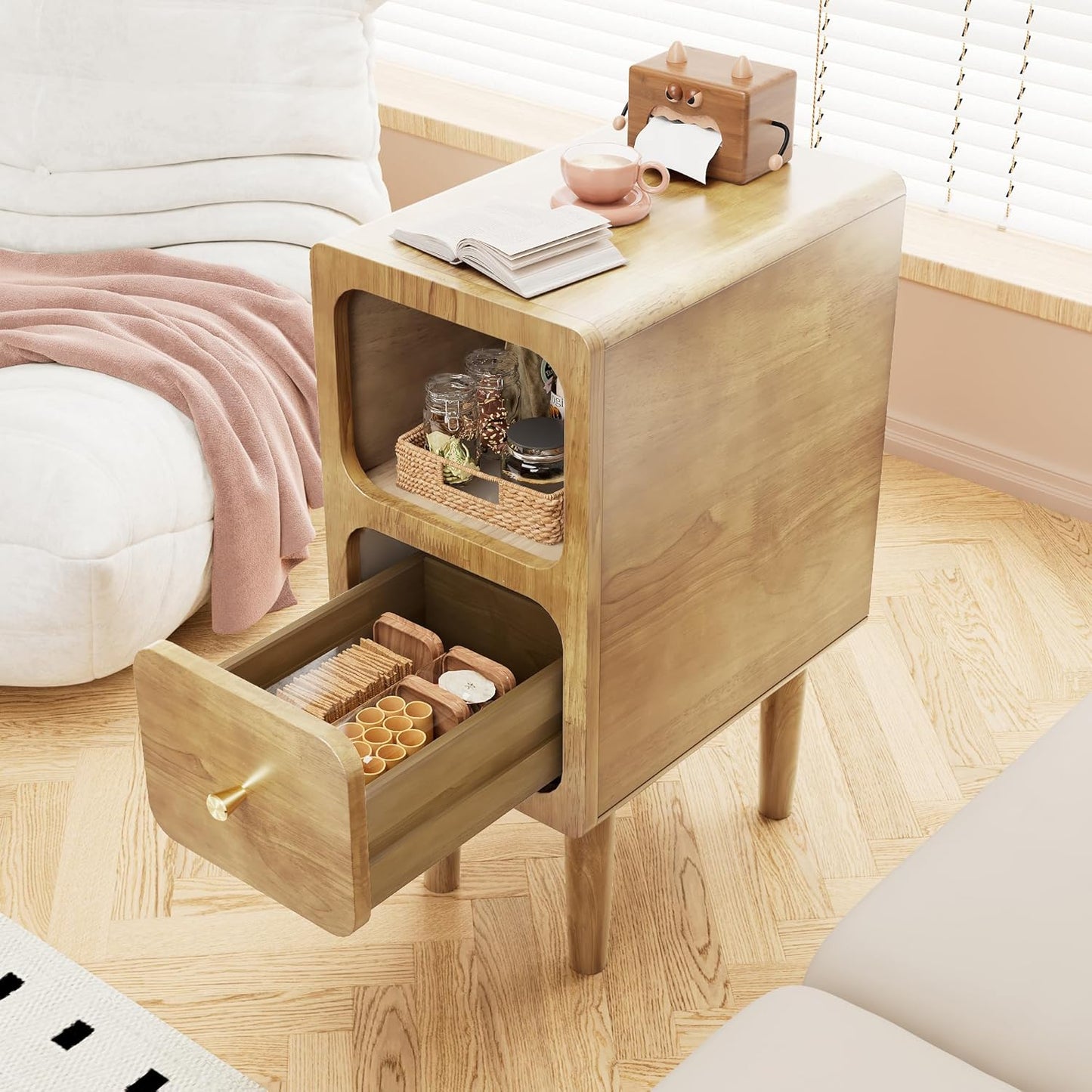 Narrow Nightstand, Solid Wood Night Stand with Drawers, Natural Mid Century Modern Nightstand, Small Beside Table with Open Storage Shelf for Bedroom (10 inch)