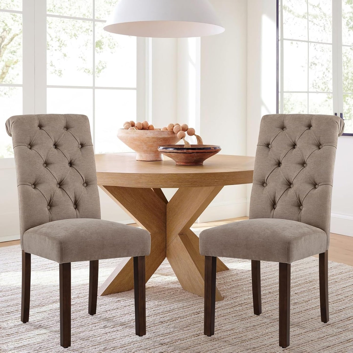 COLAMY Button Tufted Dining Chairs Set of 2, Parsons Upholstered Fabric Dining Room Chairs Kitchen Chairs with Wood Legs and Padded Seat, Taupe