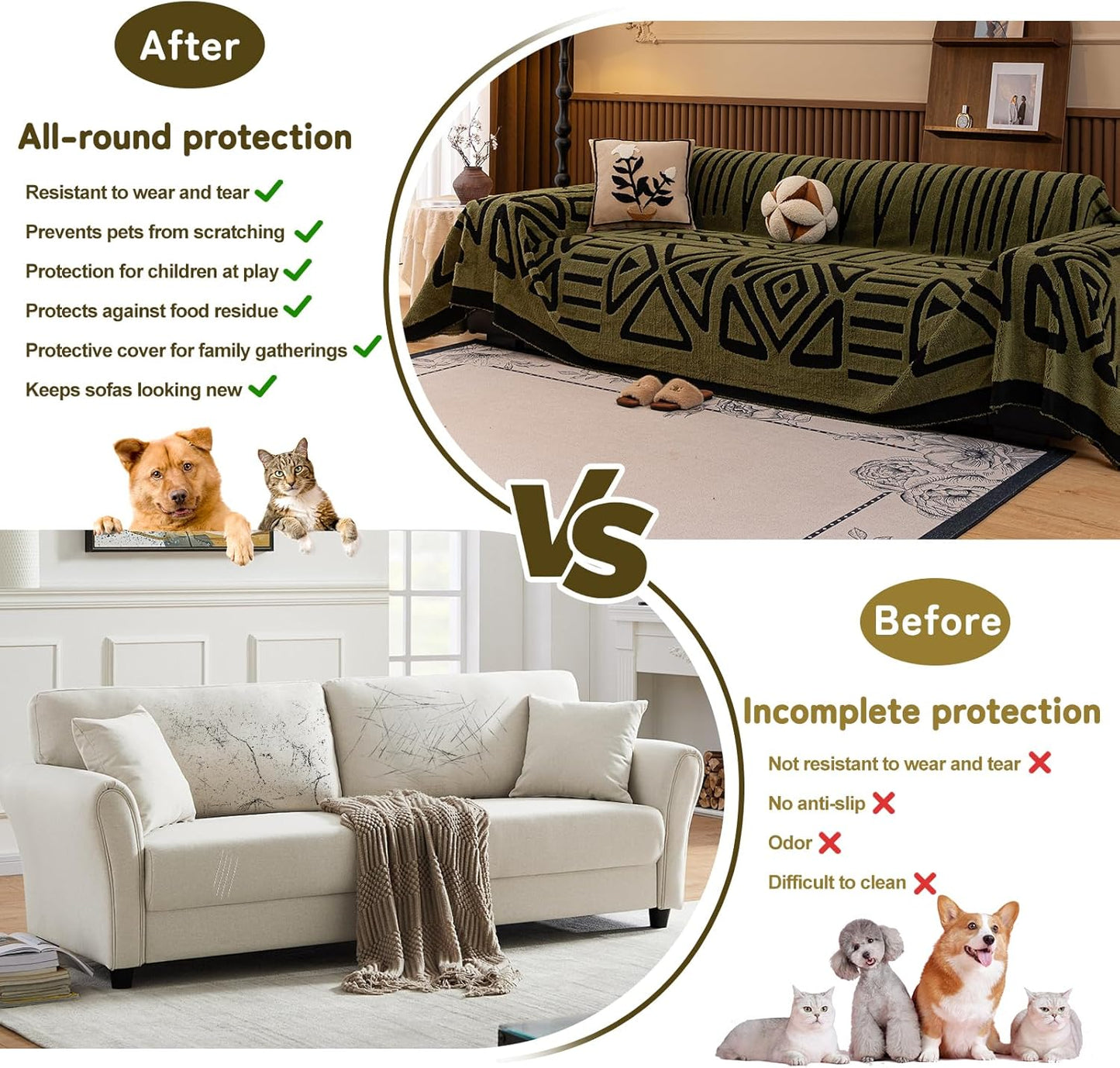 HANDONTIME Olive Green Sofa Covers for Sectional Sofa Boho Couch Cover for Dogs Christmas Green Throw Couch Cover Shu Velveteen Black Loveseat Covers Short Plush L Shaped Cover Washable, 71" X150"