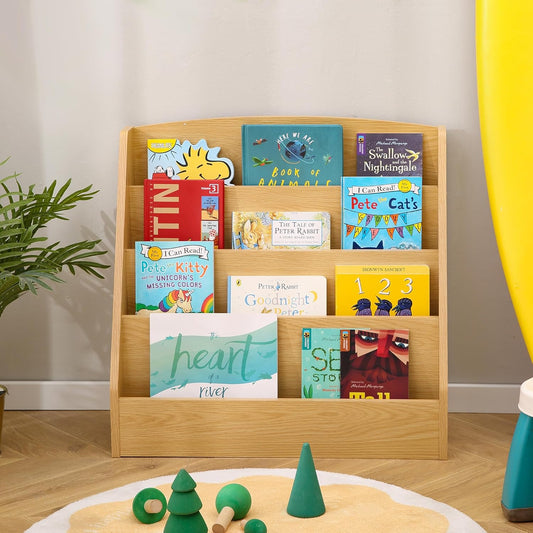 TOETOL 4-Tier Kids Bookshelf - Toddler Book Display Shelves for Classrooms, Playrooms, and Nursery - Wooden Children Book Rack (Natural)
