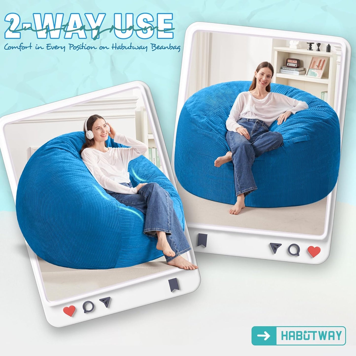 HABUTWAY 4FT Bean Bag Chair,Giant Bean Bag Chairs for Adults,Big Bean Bags with Memory Foam Filled, Large Beanbag Chairs with Soft Corduroy Cover-Blue