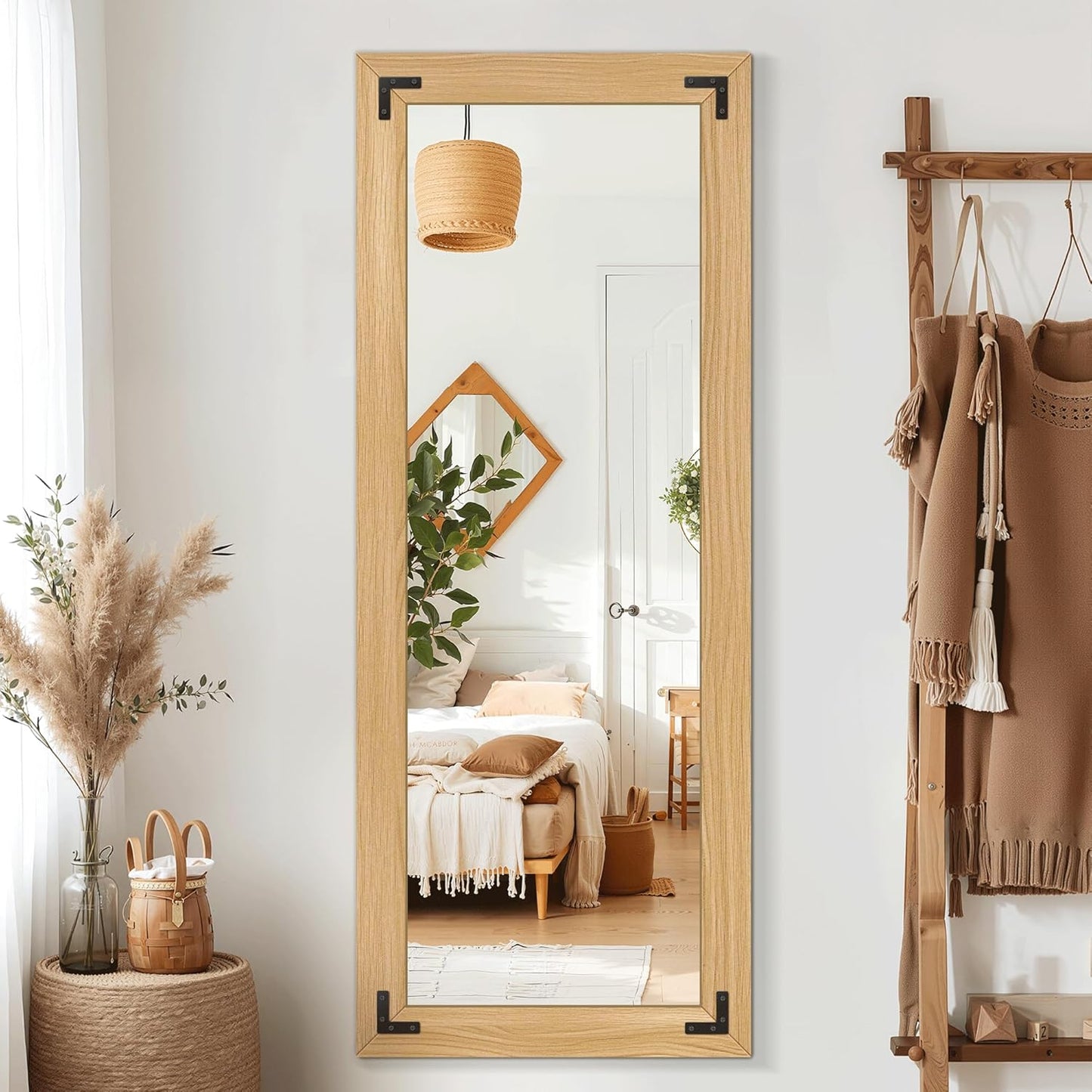 Full Length Mirror with Wooden Frame, 56"X22" Solid Wood Standing Floor Mirror for Farmhouse, Bathroom, Bedroom Decor, Hanging or Leaning Wall-Mounted(Natural)