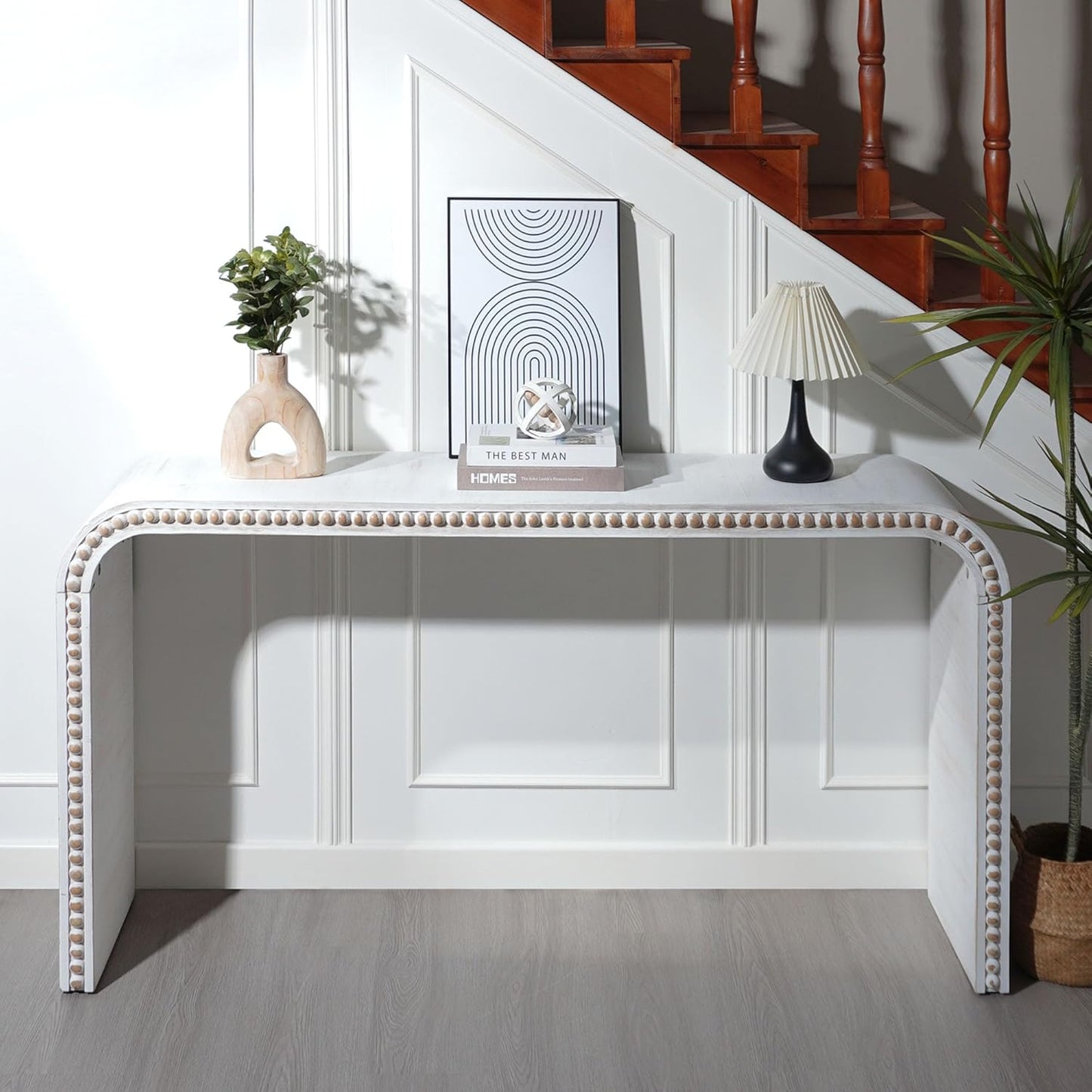 KEIKI Wood Console Table Behind Couch & Sofa, Retro Style with Curved Waterfall & Wood Beads Design, for Entryway, Living Room, Antique White