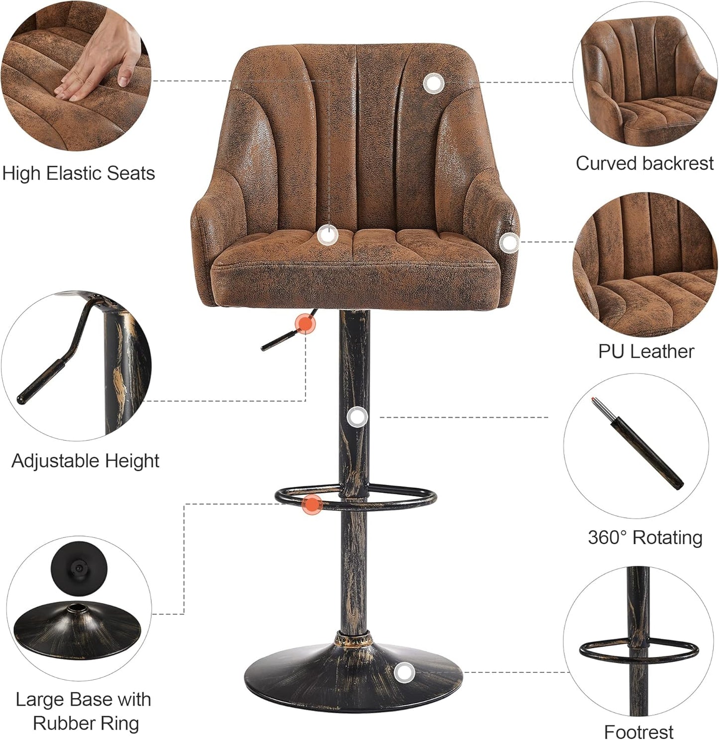 VECELO Bar Stools Set of 4, Adjustable Barstools, Counter Height Stools with Back and Arm, Kitchen Island Stools, Swivel PU Chairs for Pub, Dining Room, Industrial Style, Dark Brown