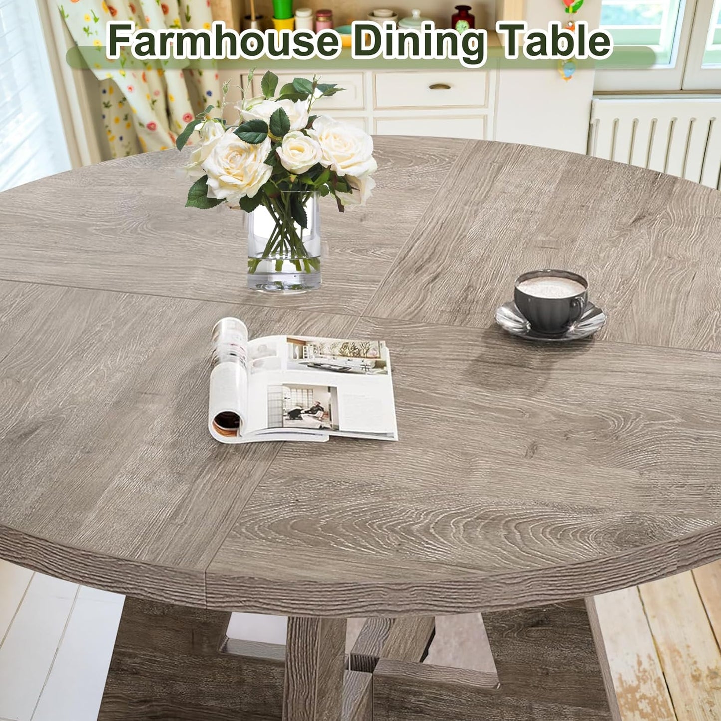 NicBex 47-Inch Round Dining Table for 4, Farmhouse Dinner Table Small Farmhouse Kitchen Tables with Wood Pedestal Base for Dining Room, Kitchen, Living Room, Gray