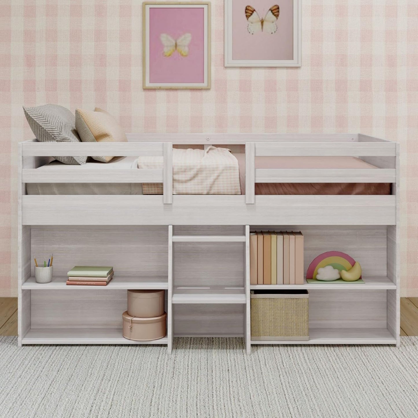 Max & Lily Modern Farmhouse Low Loft Bed, Twin Bed Frame for Kids with 2 Bookcases, White Wash