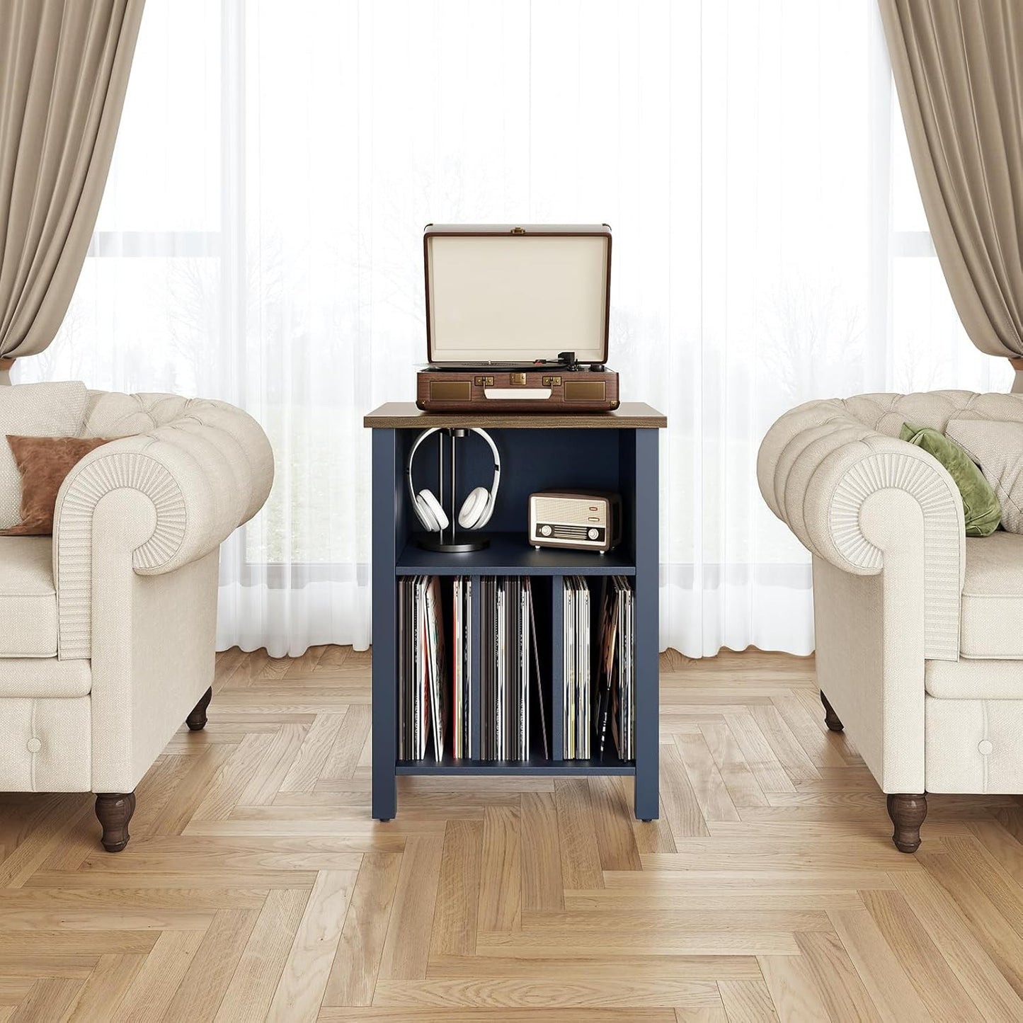 LIDYUK Record Player Stand, Vinyl Record Storage Table End Table with Display Shelf Holds up to 130 Albums, Large Nightstand Wood Turntable Stand Cabinet Side Table for Living Room, Bedroom, Blue