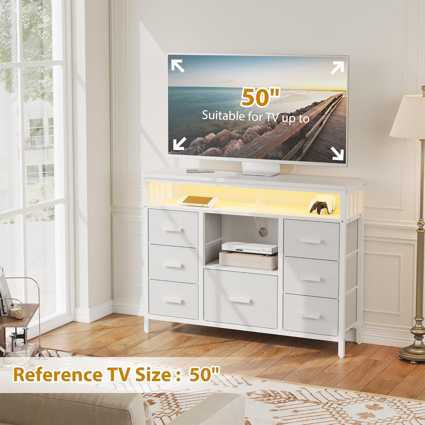 7 Drawer Dresser TV Stand with Power Outlets and LED Lights, Entertainment Center with Open Shelf, Media Console for 50“ TV, Dresser for Bedroom (White)