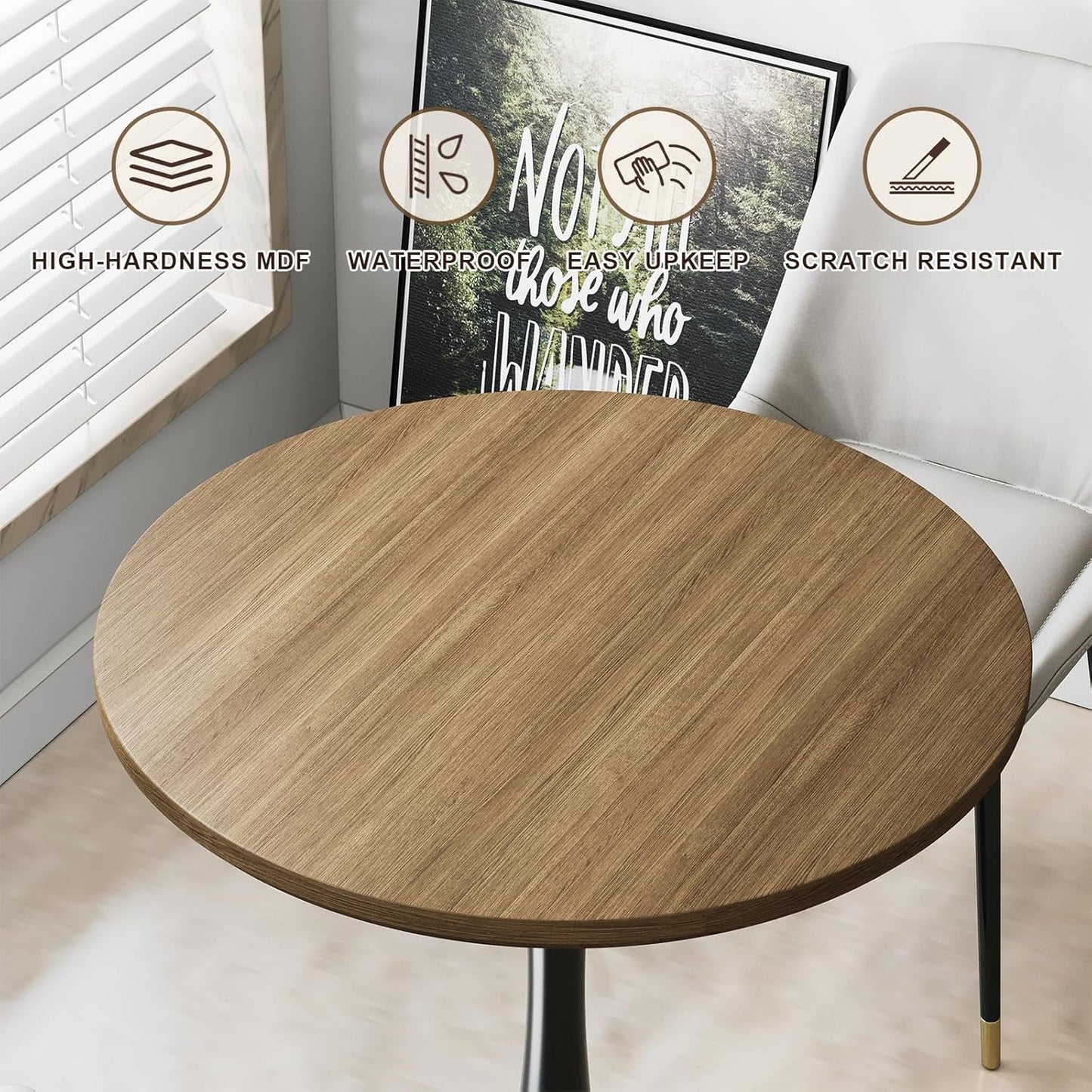24" Small Tulip Table for 2 Person, Walnut Wood Round Dining Table for Kitchen, Mid Century Modern Table with Metal Pedestal Base for Cafe, Pub, Bar, Living Room, Bar, 24 inch Circle Bistro Tables