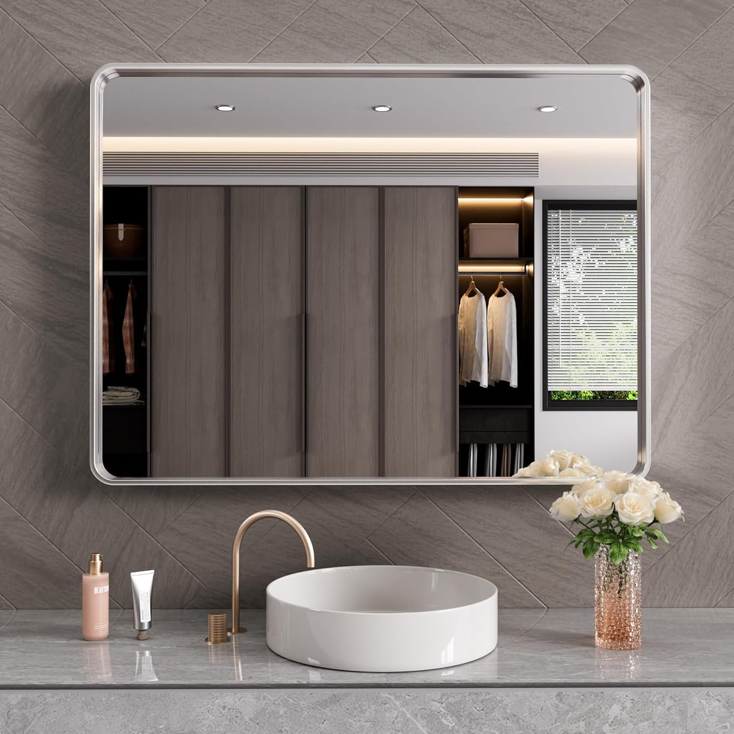 Brushed Nickel Bathroom Mirror 40x32 Inch, Brushed Silver Metal Frame Mirror Wall Mounted, Rounded Rectangle Bathroom Vanity Mirror, Tempered Glass, Anti-Rust, Horizontal/Vertical
