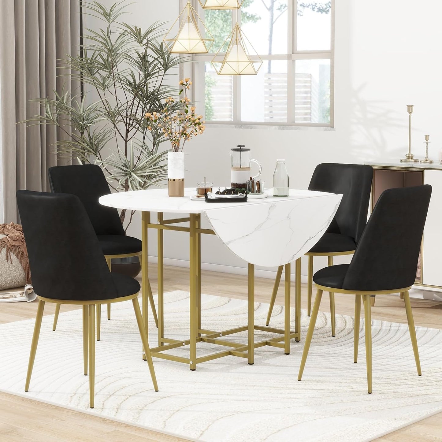 Ball & Cast Space-Saving 5-Piece Extendable Kitchen Dining Table Set w/ 4 Upholstered Chairs,Round Faux Marble Top with Golden Frame,Compact Foldable Design,for Small Spaces,White+Black