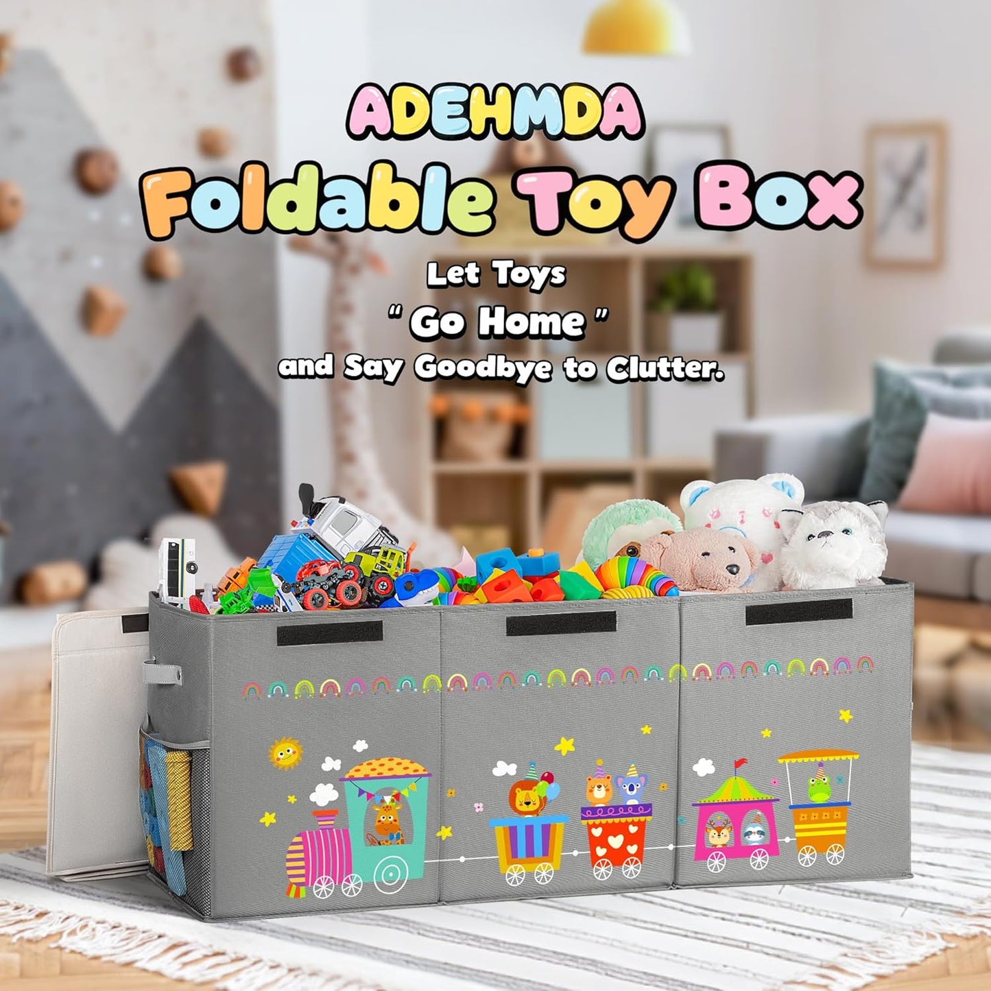 120L Large Toy Storage Box with Lid, Extra Large Toy Box Chest, Large Toy Box for Kids, Girls and Boys, Nursery Room and Living Room, 40"x13" x16"(grey-train)