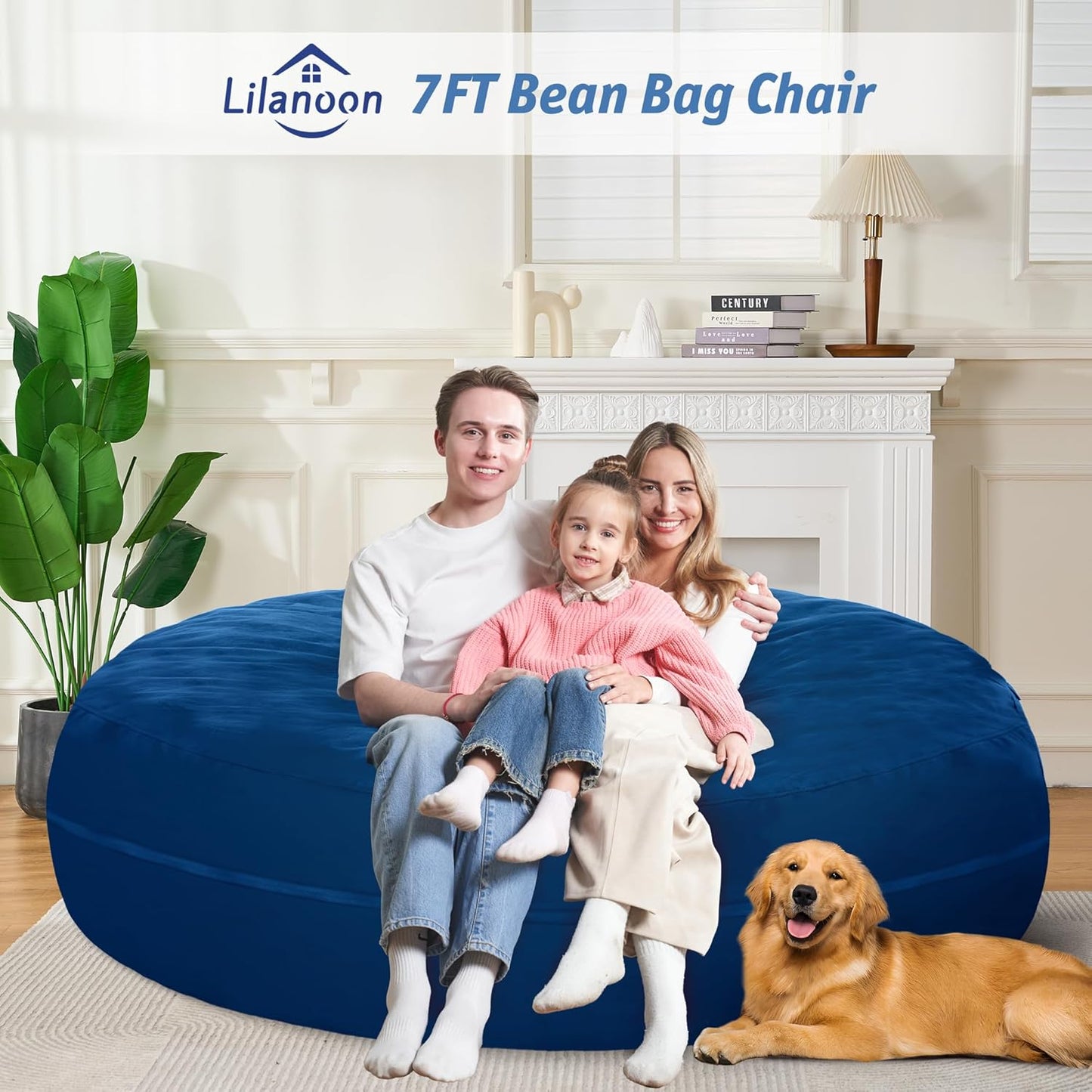 7FT Bean Bag Chair with Ultra Soft Velvet Cover Bean Bag Sofa with Memory Foam Bean Bag Chairs with Large Size Lazy Sofa for Dorm Office Living Room Bedroom Blue 7'