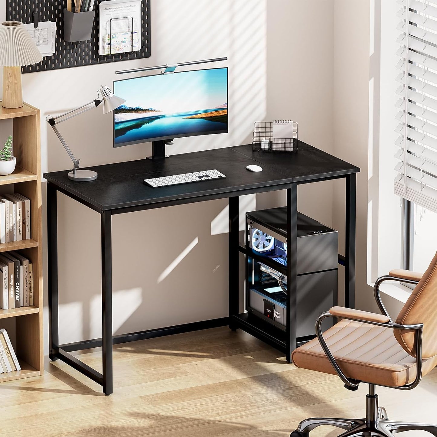 SINPAID Computer Desk 47 inches with 2-Tier Shelves Sturdy Home Office Desks with Large Storage Space Modern Gaming Desk Study Writing Laptop Table, Black