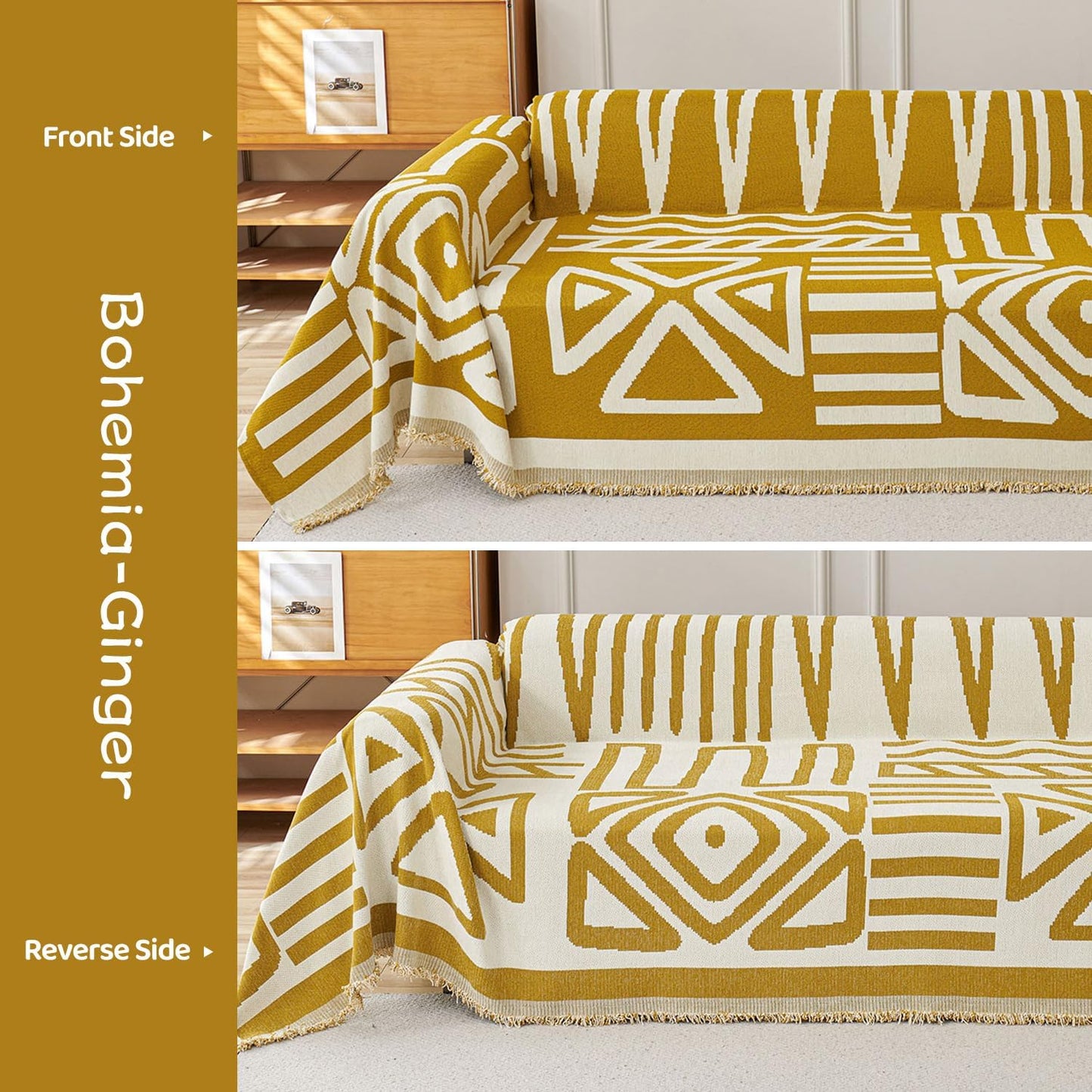 STACYPIK Mustard Yellow Boho Sofa Cover Couch Cover Reversible Jacquard Furniture Protector for 3 Cushion Couch L Shaped Sofa Slipcover Non-Silp Sofa Cushion Covers for Sectional with Tassels-91X150IN