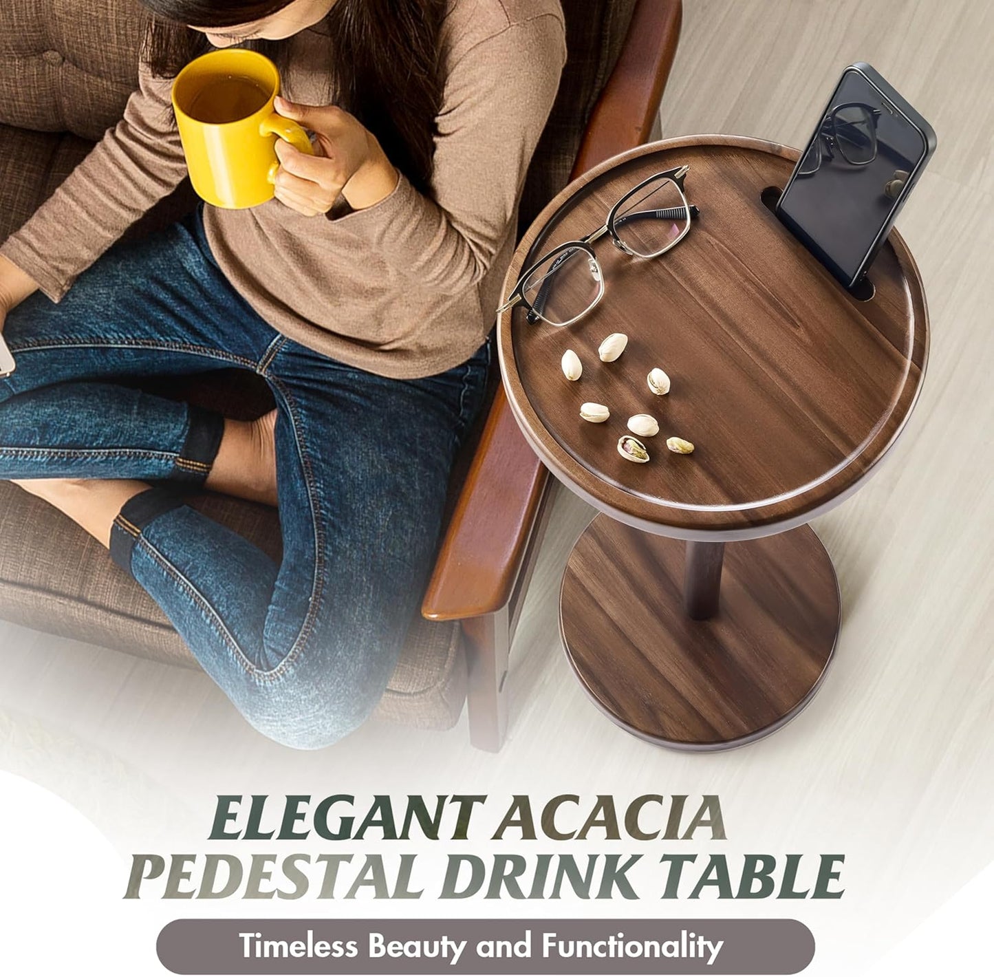 Drink Table, 24.4" Tall Compact Side Table with Phone Slot and Weighted Base, Durable Pedestal Table Accent for Living Room (Flat, Walnut)