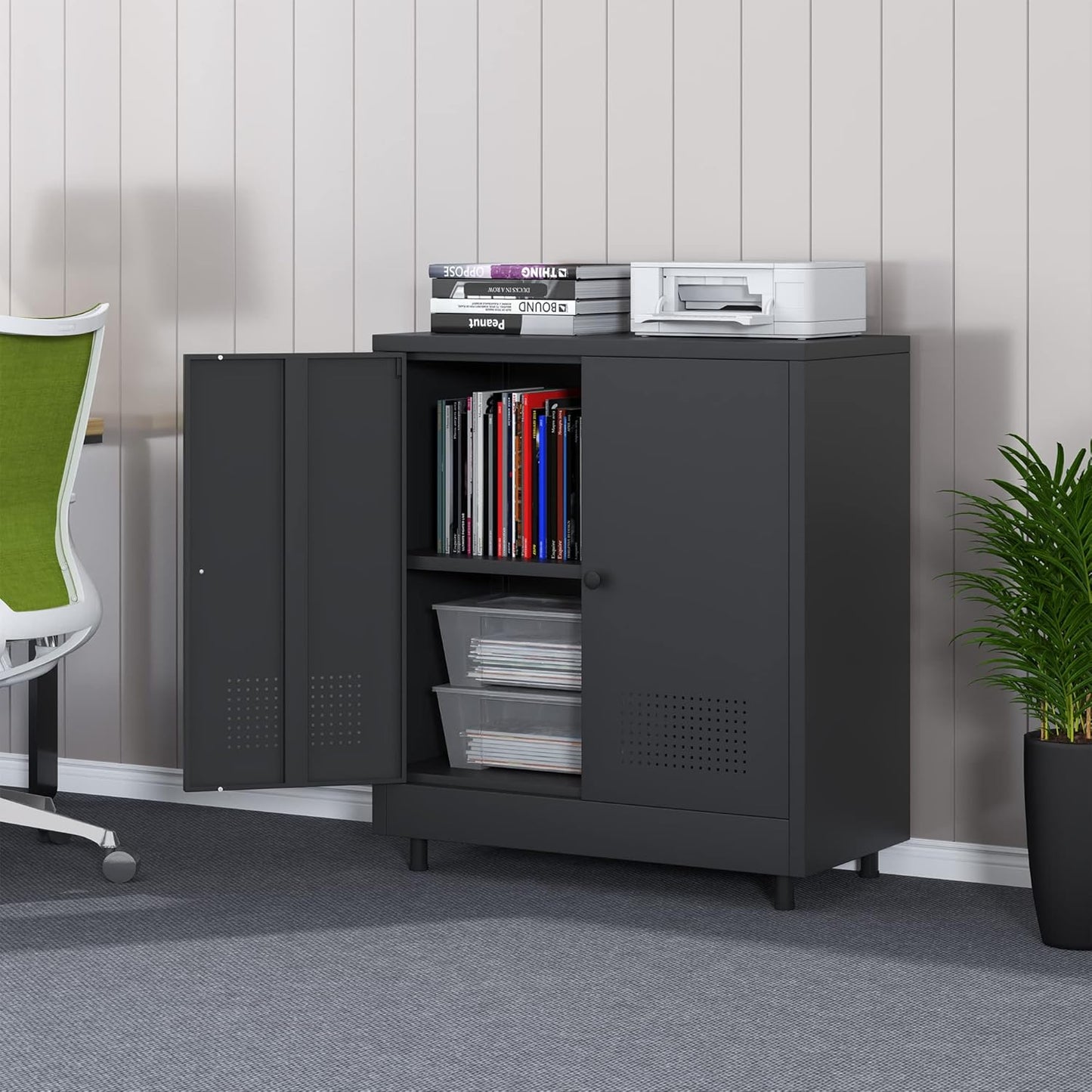 Metal Storage Cabinet with 2 Doors and Adjustable Shelf, Steel Accent Sideboard Buffet Cabinet for Home, Office, Garage, Entryway, Living Room, Kitchen Pantry and Dining Room (Black)