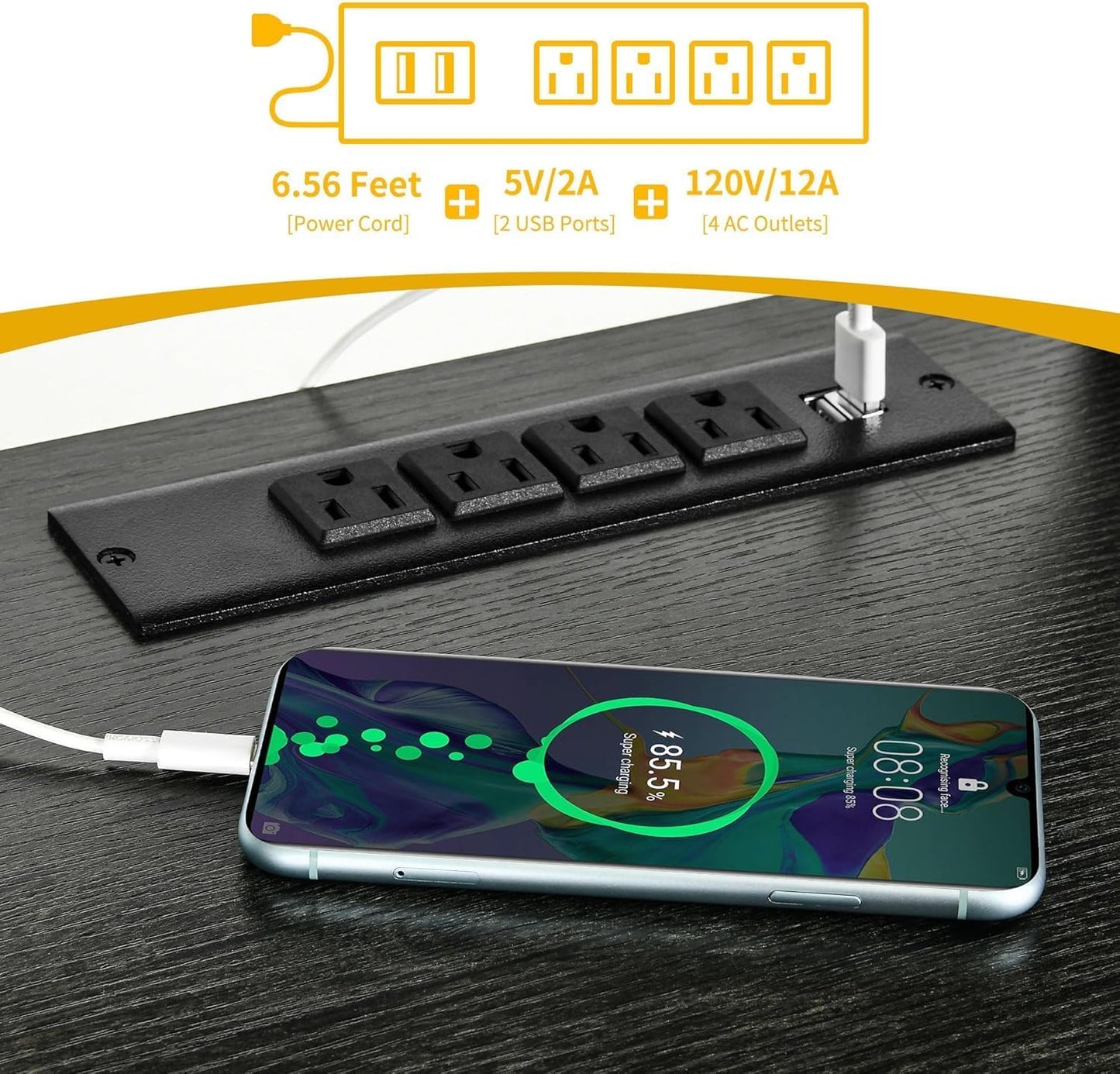 DWVO Computer Desk with Drawers & Hutch, 59.1" Office Desk with Power Outlets & LED Lights, Home Office Desk with Storage Shelves, Grey