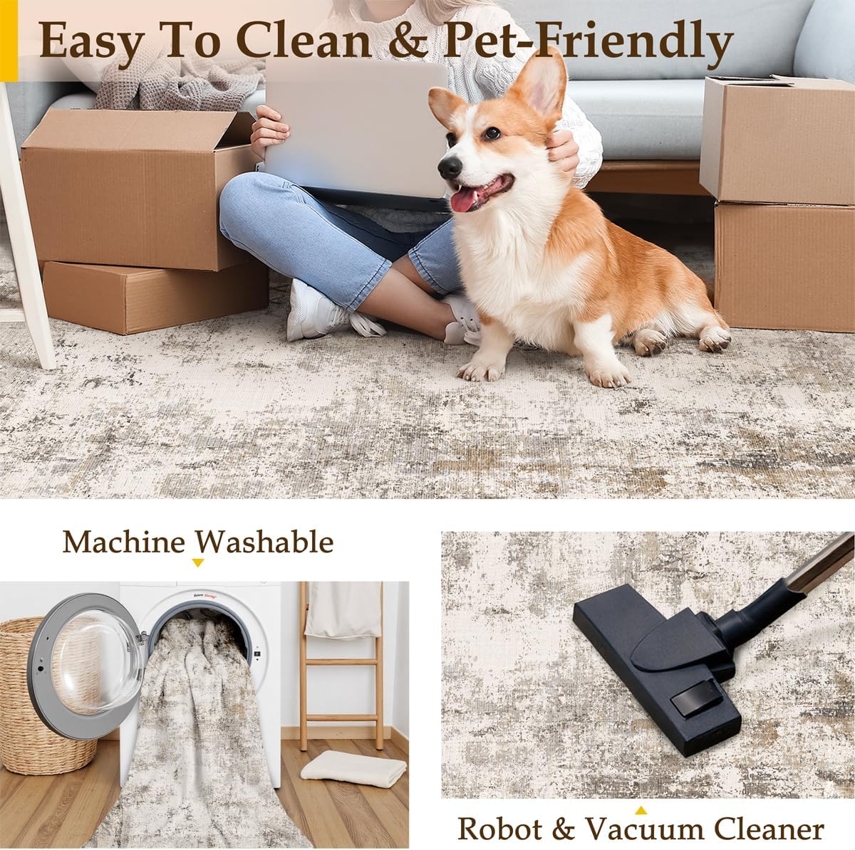 4x5 Washable Area Rug Brown Grey Neutral Abstract Entryway Kitchen Non Slip Low Pile Throw Rug Living Room Bedroom Indoor Doormat Soft Carpet for Entrance Bathroom Office