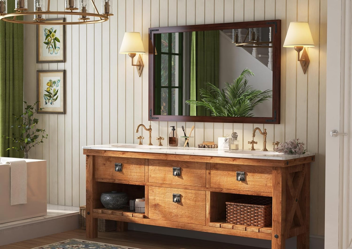 VocalStar Rustic Wood Framed Mirror 48 x 32 Inch, Natural Dark Brown Wooden Rectangle Bathroom Vanity Wall Mirror for Farmhouse Boho Decor, 1/4-inch Shatterproof Glass | Waterproof