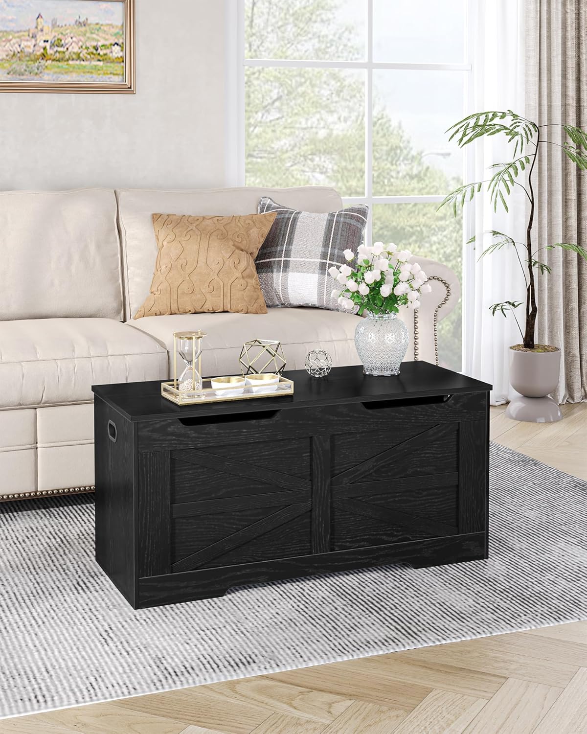 39.4" Storage Chest, Extra Large Storage Trunk with 2 Safety Hinges, Wooden Box Bench, Lift-Top Organizer Chest, Shoe Bench for Entryway, Bedroom, Living Room, Black SB03404X