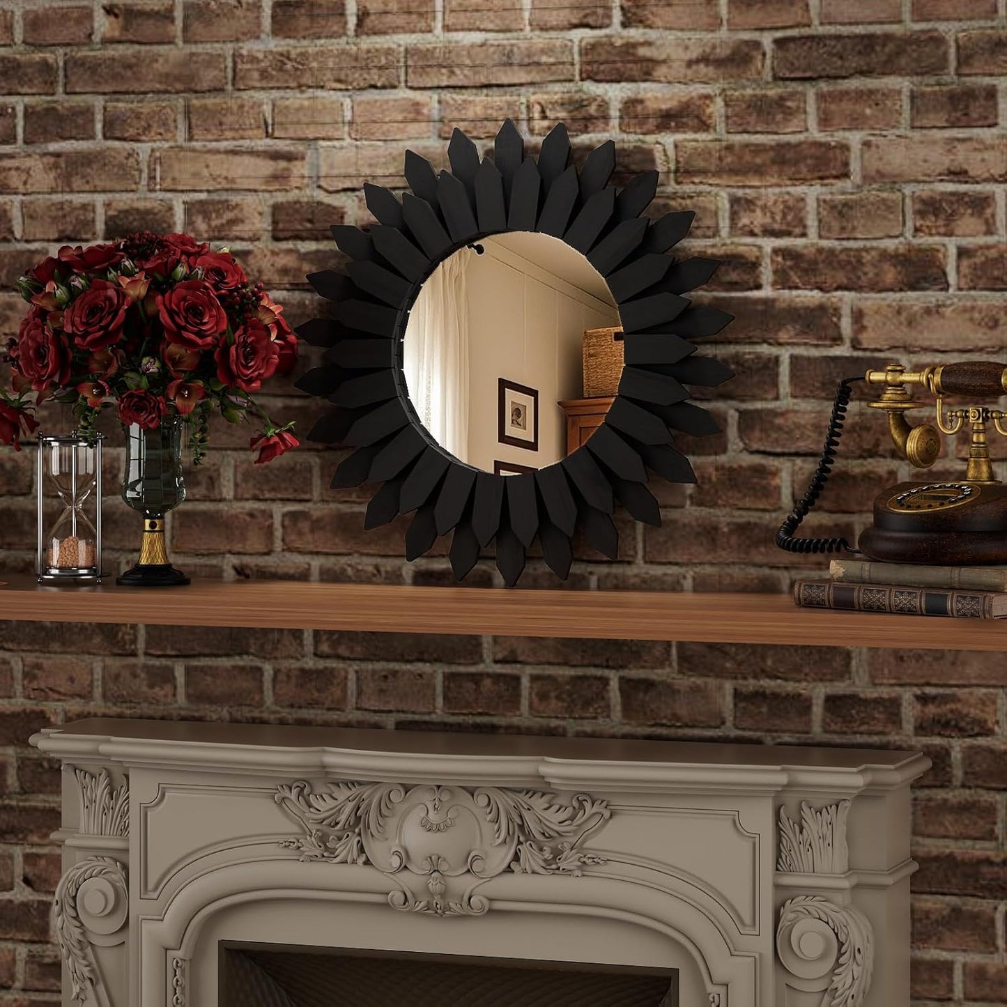 20 Inch Black Boho Wall Decor Sunburst Mirror - Round Wooden Wall Decor, Handmade Rustic Circular Mirror for Living Room, Bedroom, Entryway, Office