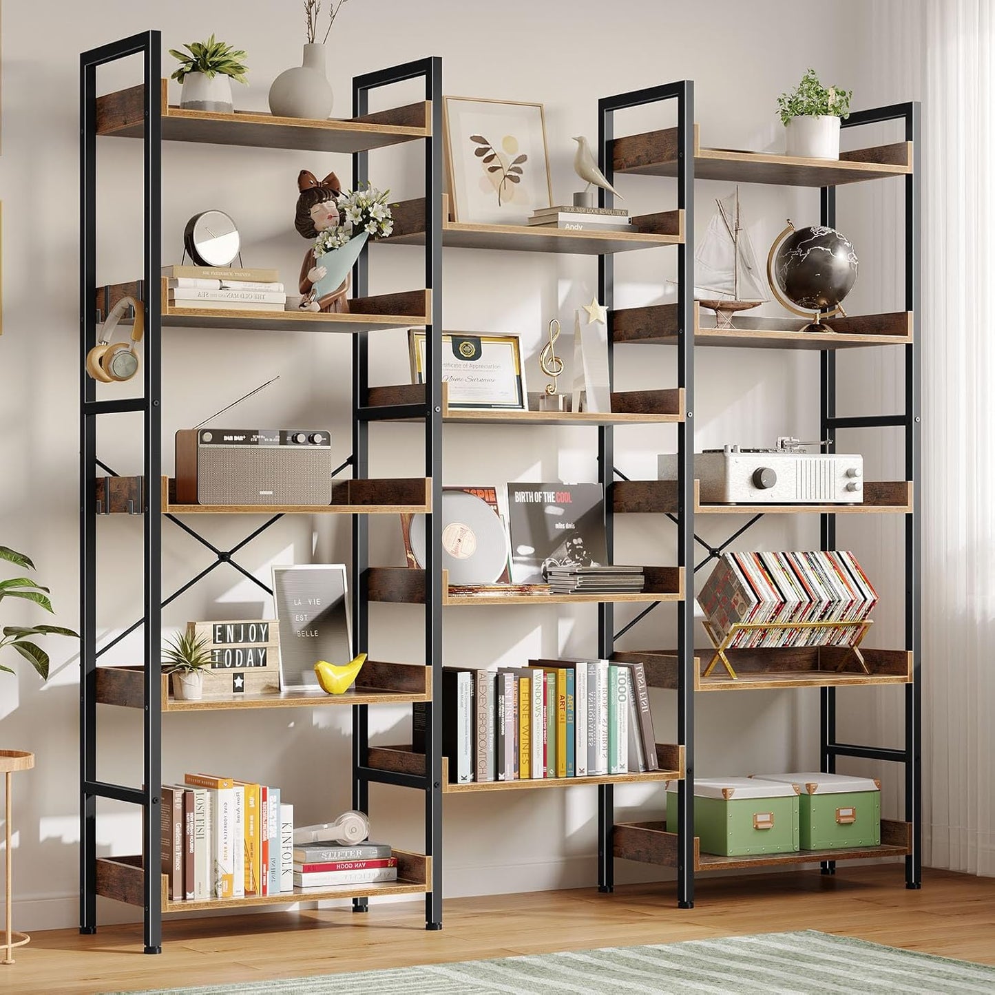 Rolanstar Bookshelf 5 Tiers, Triple Bookcase with Open Display Shelves, Industrial Wide Bookshelf with Metal Frame for Living Room, Office, Rustic Brown