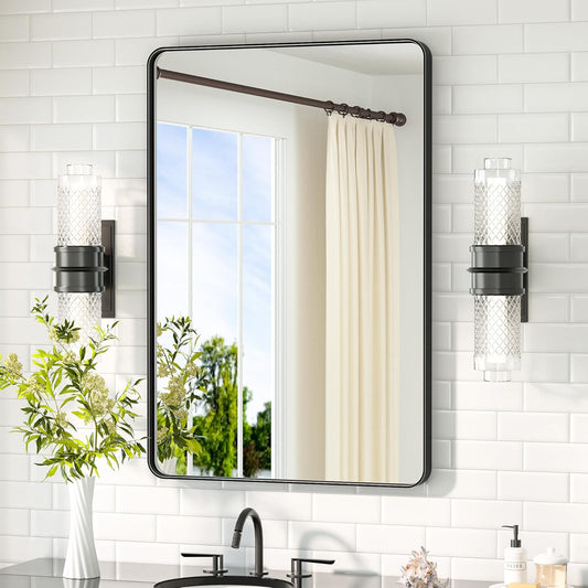 TETOTE Black Mirror for Bathroom 24 x 36 Matte Black Metal Framed Vanity Mirror, Tempered Glass, Modern Farmhouse Wall Mounted Mirrors for Decorative(Horizontal/Vertical)