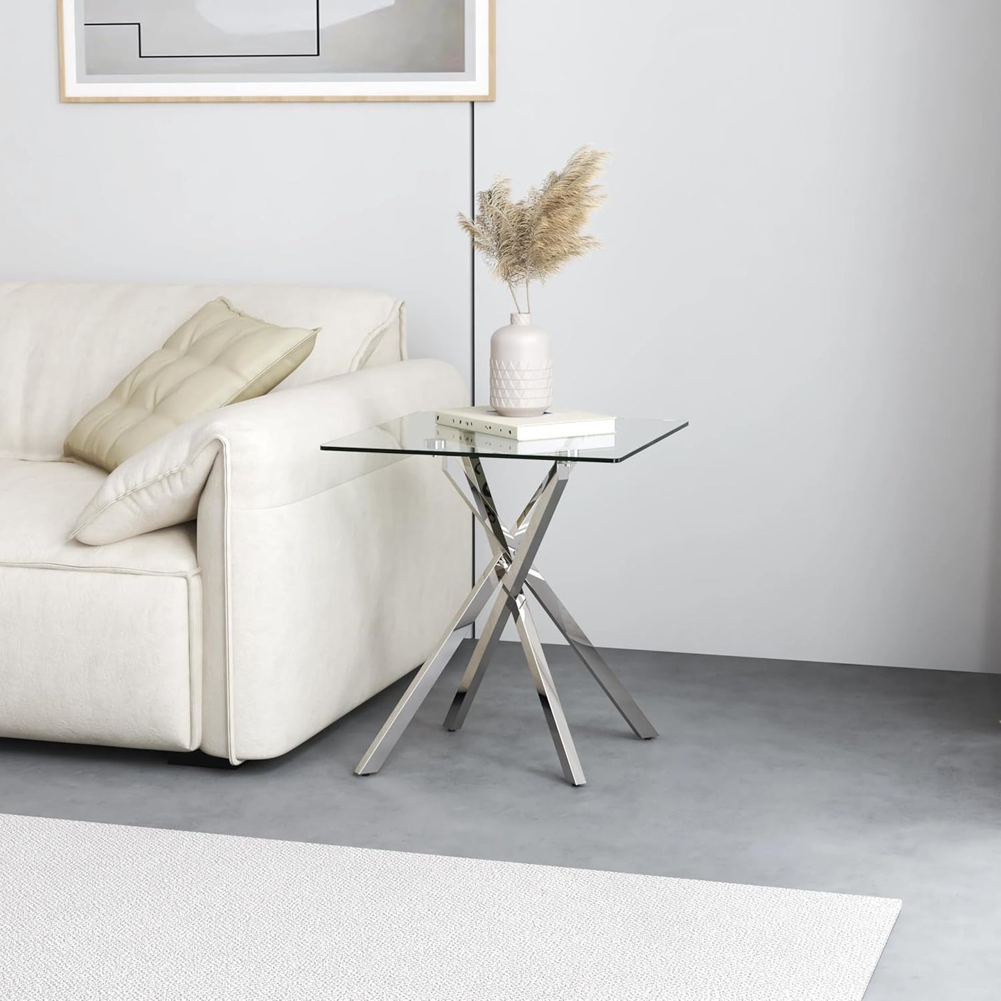 Side Table Set of 2, Modern End Table Set with Tempered Glass Top and Metal Legs for Home Office (Silver)