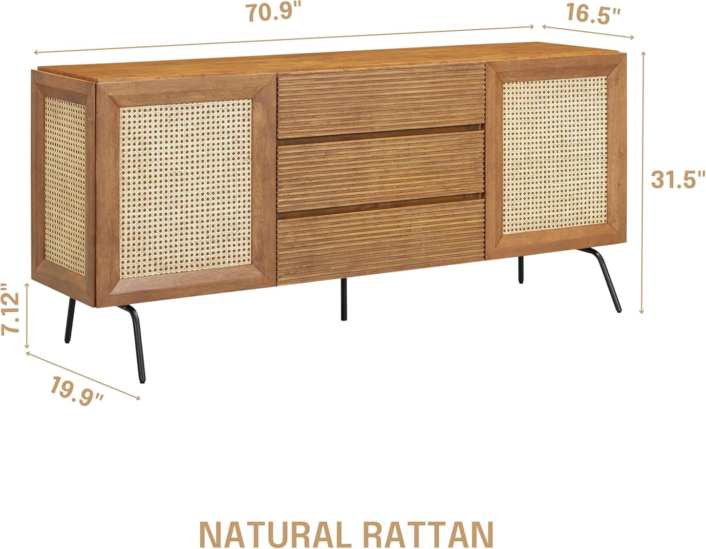 NTC MOSSIC Modern Sideboard with 4 Doors, Natural Rattan Storage Cabinet, Buffet with Metal Legs, Boho Accent Cabinet for Living Room, and Entryway, Effortless Assembly, Teak Look