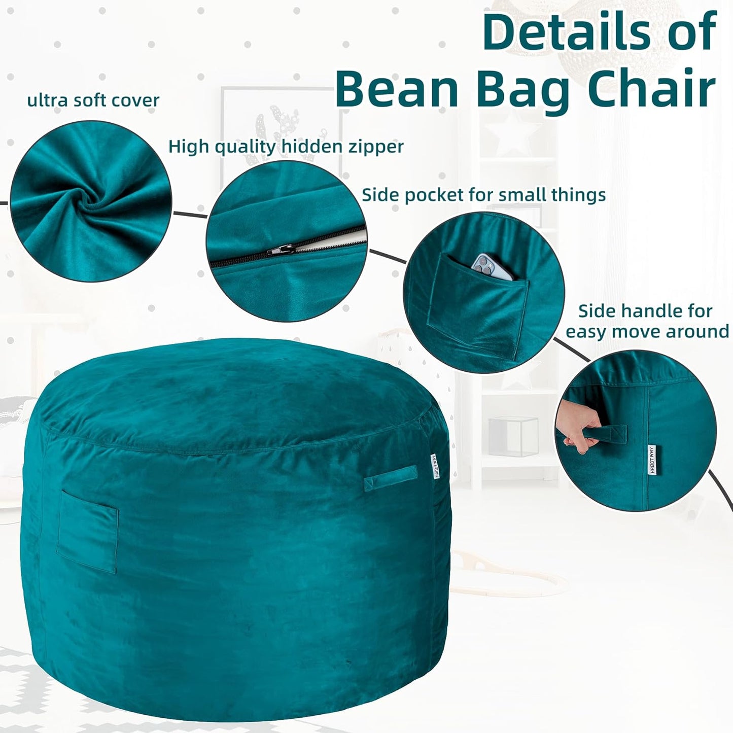 HABUTWAY Bean Bag Chair 3Ft Luxurious Velvet Ultra Soft Fur with High Rebound Memory Foam Bean Bag Chairs for Adults Plush Lazy Sofa with Fluffy Sponge 3' (Sea Blue)