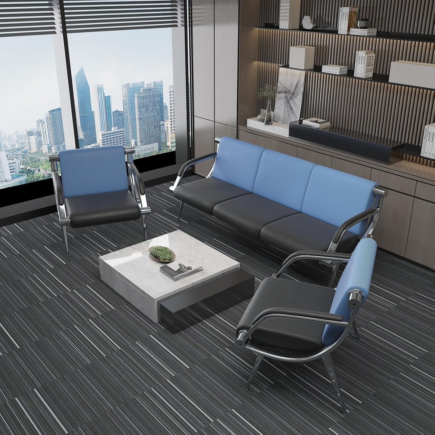 wonline 3 Seat Waiting Room Chair with Armrest PU Leather Office Furniture, Office Guest Seating Lobby Conference Reception Chairs for Airport Clinic Hospital Bank Salon Barber(Blue&Black)