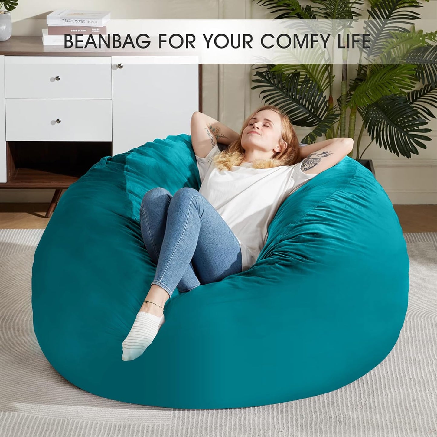 HABUTWAY Bean Bag Chair: Giant 5' Memory Foam Furniture Bean Bag Chairs for Adults with Microfiber Cover 5Ft (Sea Blue)