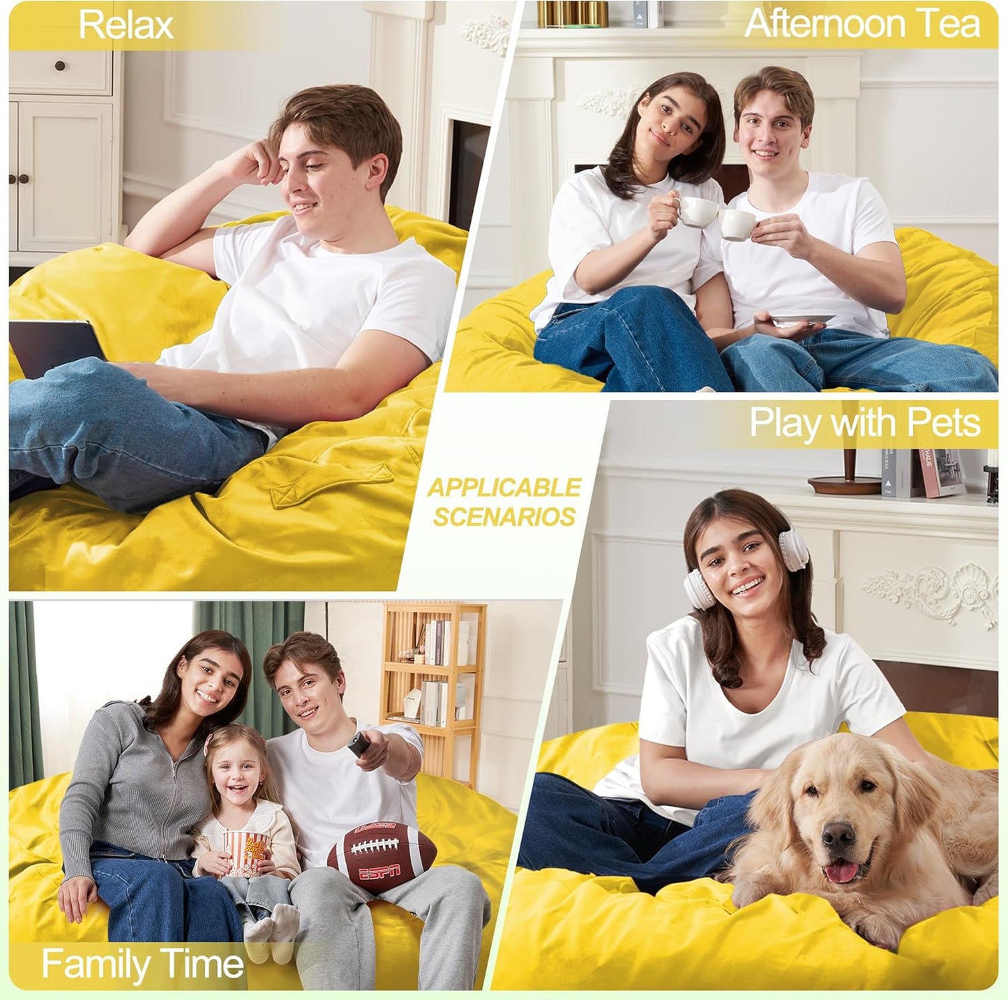 Homguava 4 FT Bean Bag Chair: 4' Bean Bags with Memory Foam Filled, Large Beanbag Chairs Soft Sofa with Dutch Velvet Cover-Mustard
