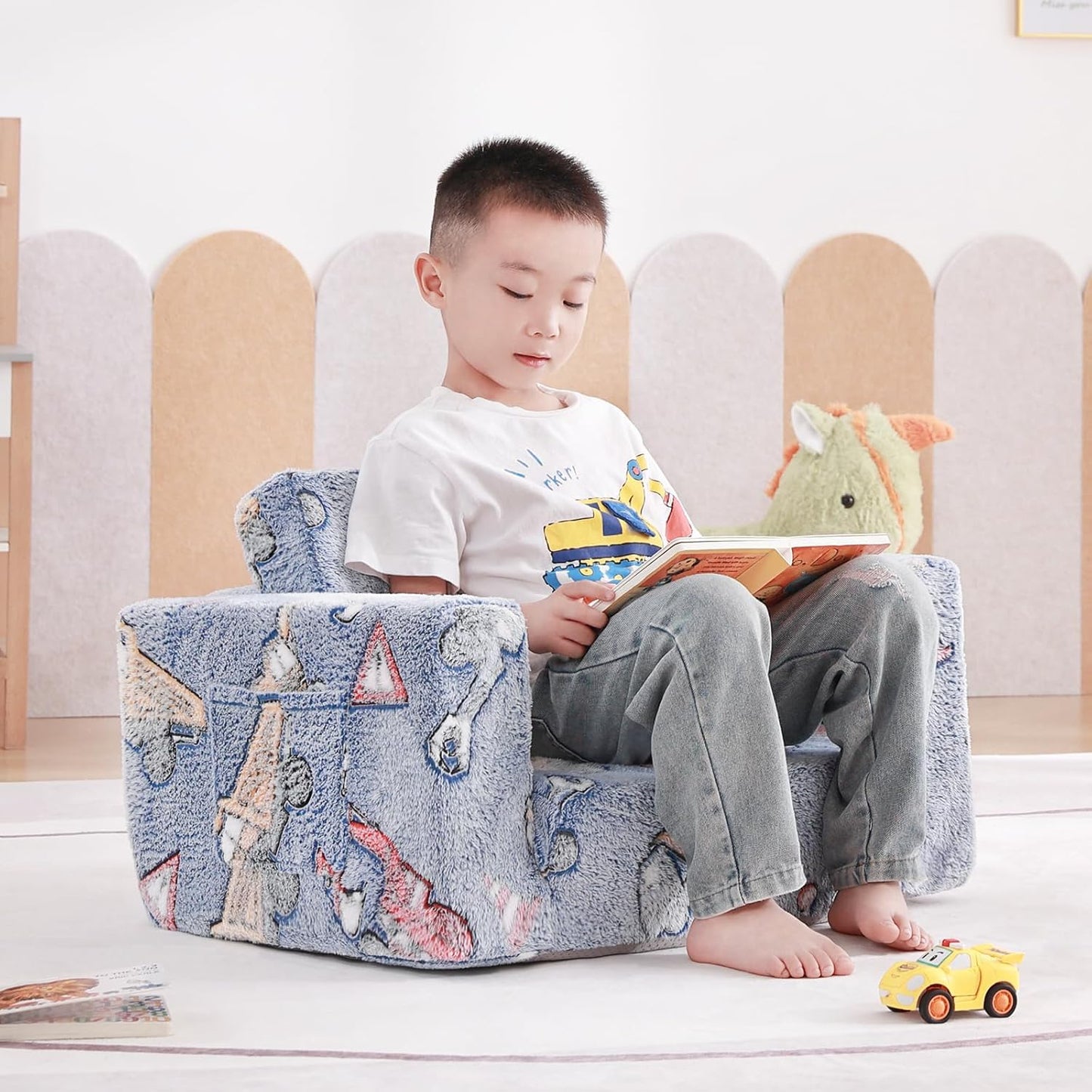 Tiita Kids Chair Couch, Folding Toddler Comfy Sofa Chairs, 2-in-1 Kids Plush Sofa Fold Out, Baby Armrest Chair to Lounger, Convertible Play Sofas to Bed for Girl or Boy, Vehicles