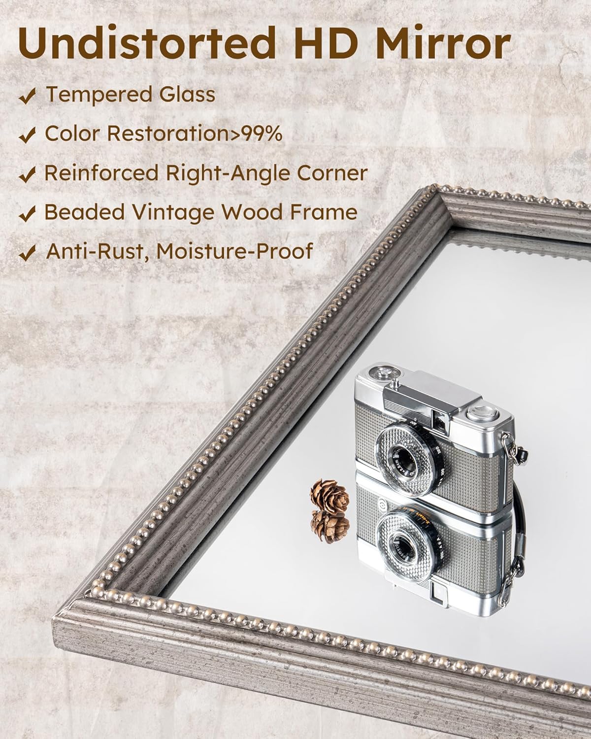 Axeman 24x36 Wood Wall Mirror, Rustic Bathroom Mirror, Vintage Wall Mounted Mirror Tempered Glass with Beaded Wooden Frame for Farmhouse Living Room Vanity Bedroom Entryway, Grey