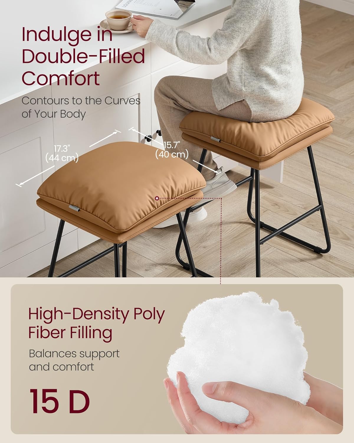 VASAGLE Bar Stools Set of 2, Counter Height Bar Stools, Leather Counter Stools Barstools with Soft Cushion and Metal Sled Legs, 25.6 Inches Bar Height Bar Chairs for Kitchen Island, Caramel Brown