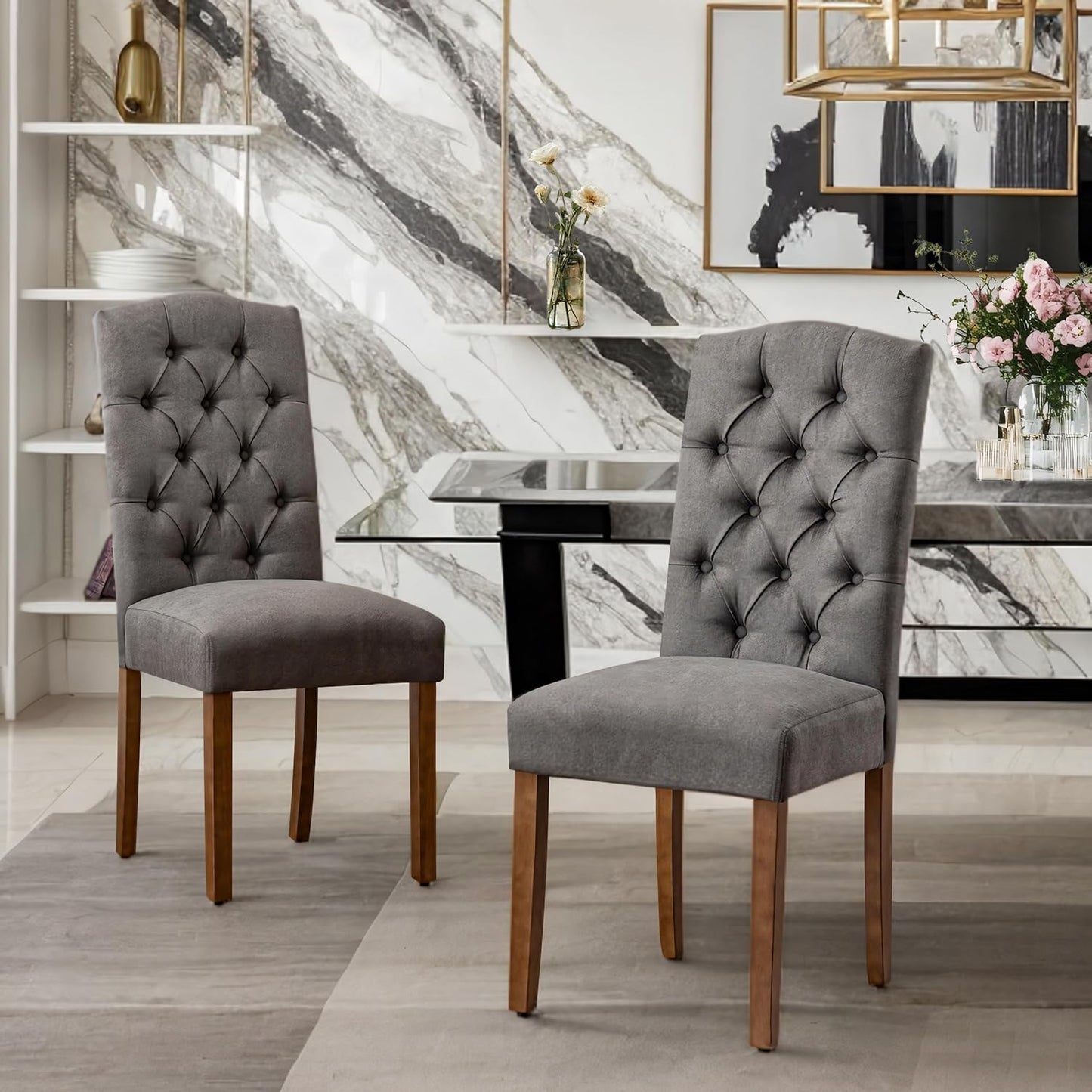 Tufted Upholstered Parsons Dining Chair Set Fabric Diner Accent Stylish Modern Kitchen Living Room with Button Sturdy Solid Wood Legs