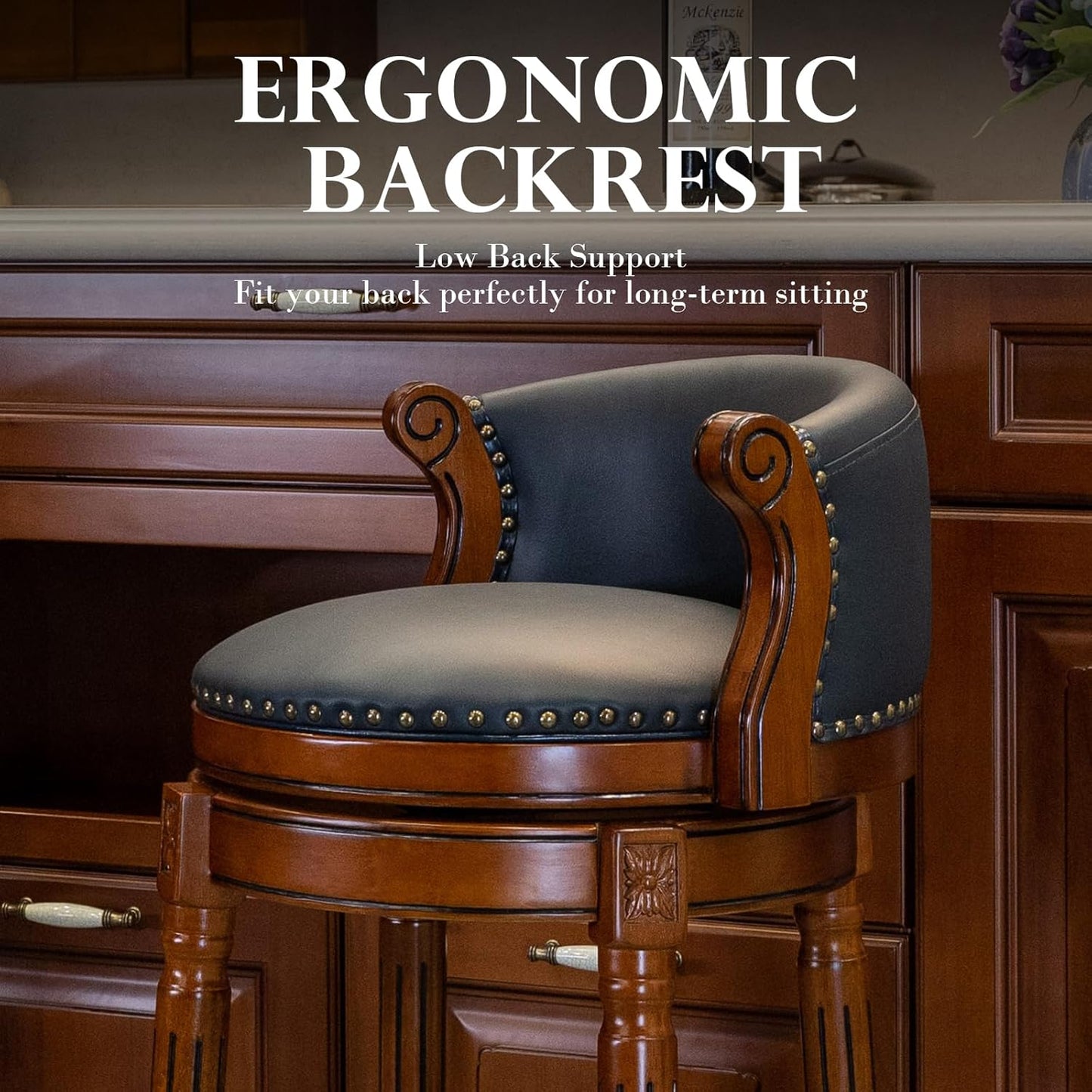 CozyRain Bar Stools Rubber Wood Counter Height Bar Stool Leather Upholstered Swivel Barstools with Back & Footrest for Home,Kitchen,Counter,Dining Room (Navy Blue, Seat Height 29.5 in)