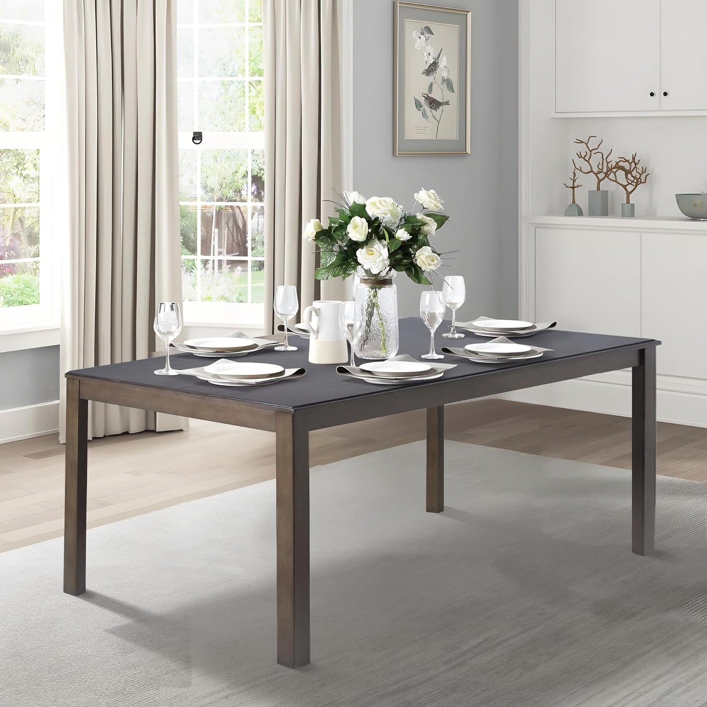 COLAMY Modern Rectangular Dining Table Set, 60" L x 36" W x 30" H, Grey Wood & Fabric, 4-6 Person Capacity, Requires Assembly