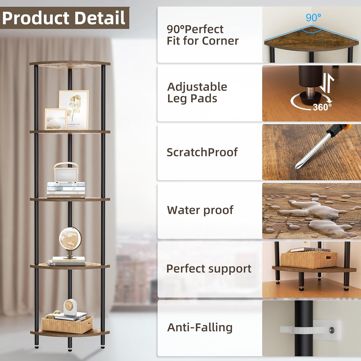 5 Tier Corner Shelf, Bookcase for Small Spaces, Corner Display Shelf, Plant Stand, Rustic Brown and Black,Suitable for Bedroom,Living Room,Kitchen