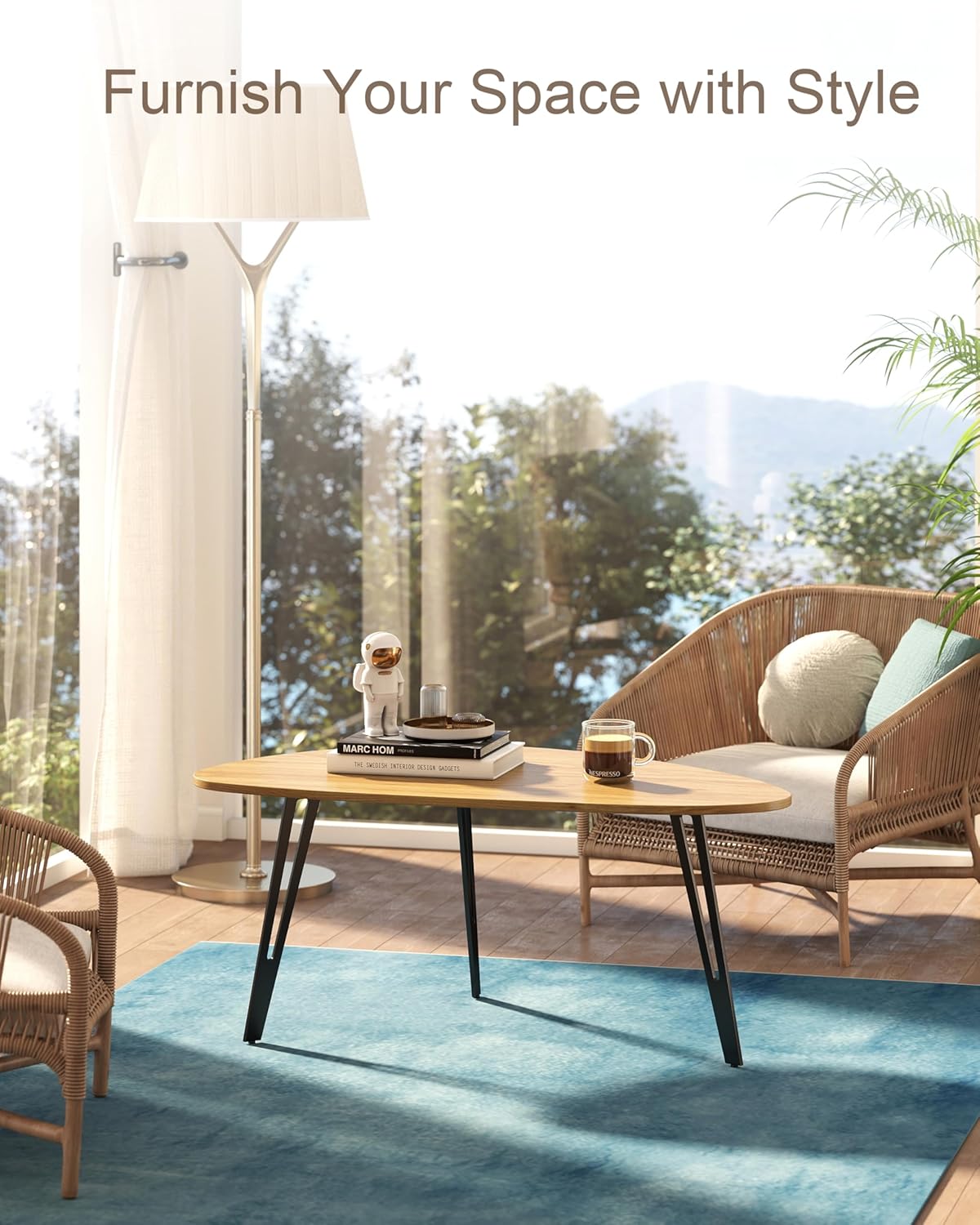 Manora Modern Mid Century Coffee Table, Oval Triangle Wood Center Table with Sturdy Metal Legs, Stylish Living Room Accent Table for Small Spaces