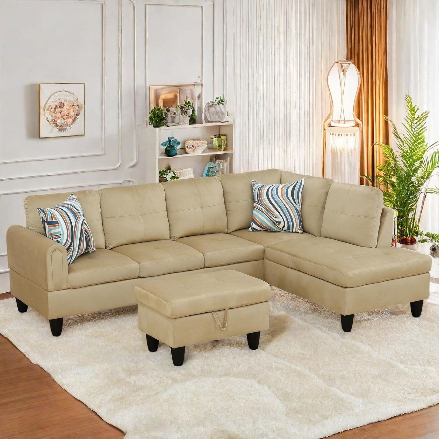 L Shaped Sectional Sofa with Ottoman, Modern Couches for Living Room, Microfiber Facing, Bedroom, Office