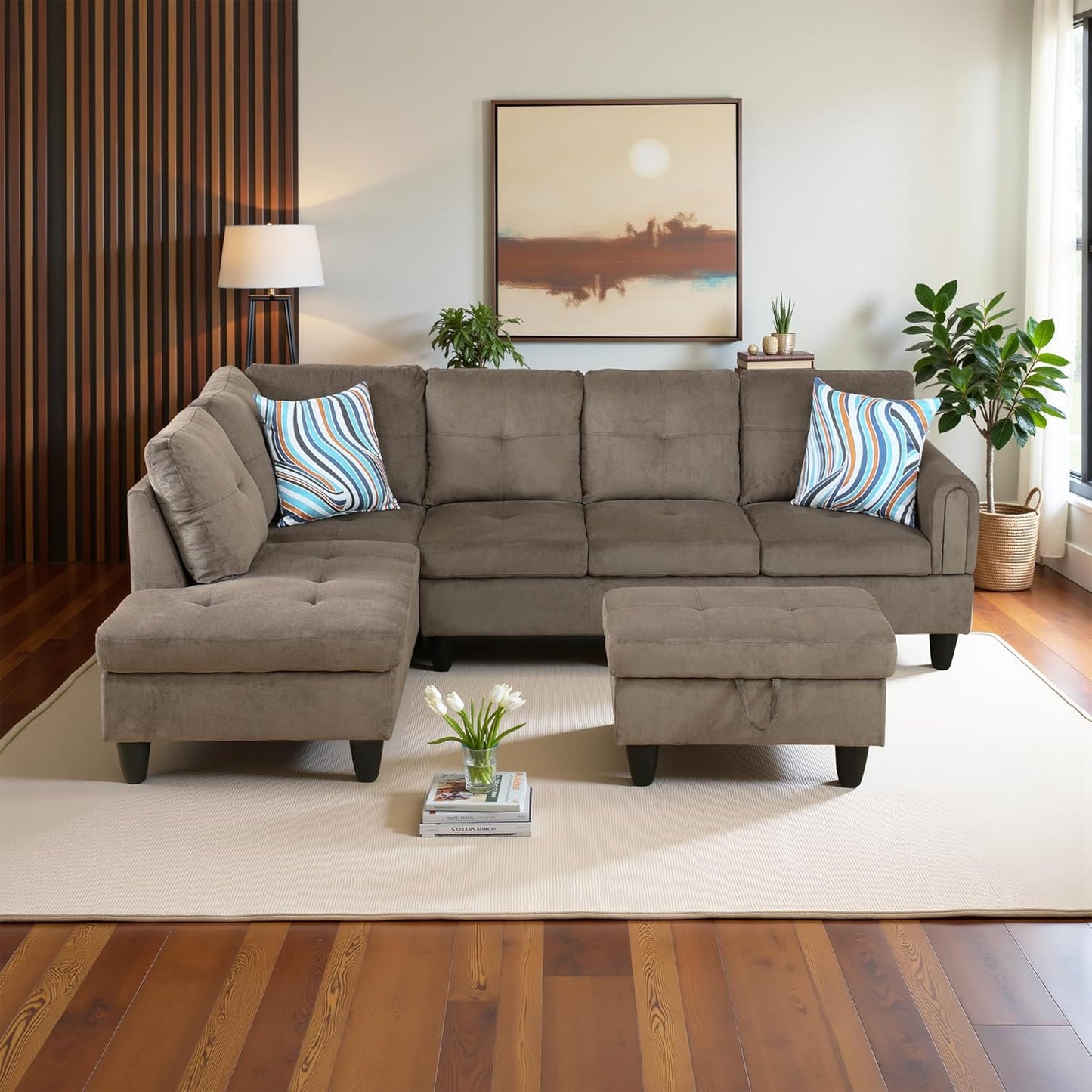 L Shaped Couch Modern Sectional Couch Upholstered Velvet Fabric 3 Pieces Sofas for Living Room with Chaise, Storage Ottoman for Office and Small Apartment, Brown Pineapple