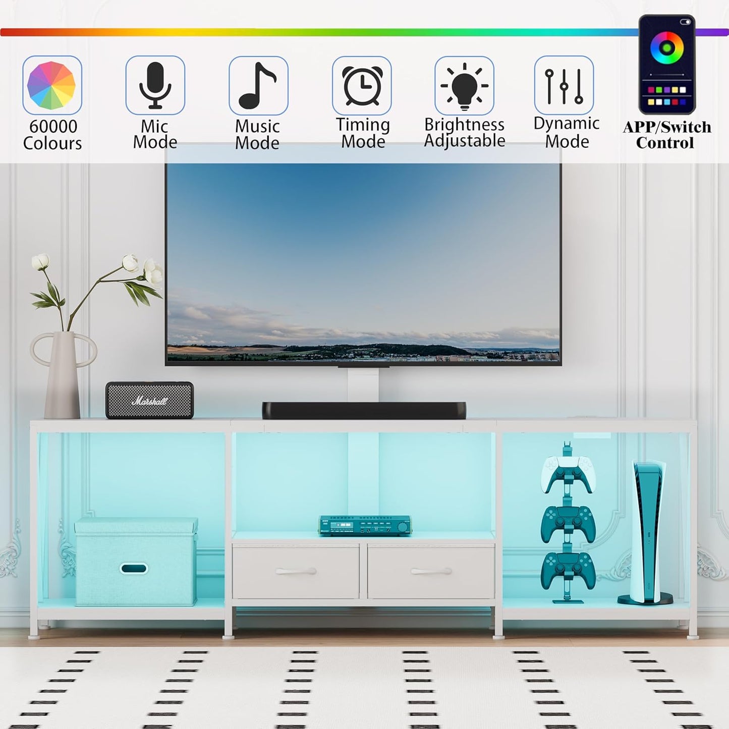 63" W TV Stand with Mount for 55,65,75" TV,Entertainment Center with Power Outlet and Led Lights,Height Adjustable TV Console Table with Open Storage Shelves and Fabric Drawers (White, 63" W)