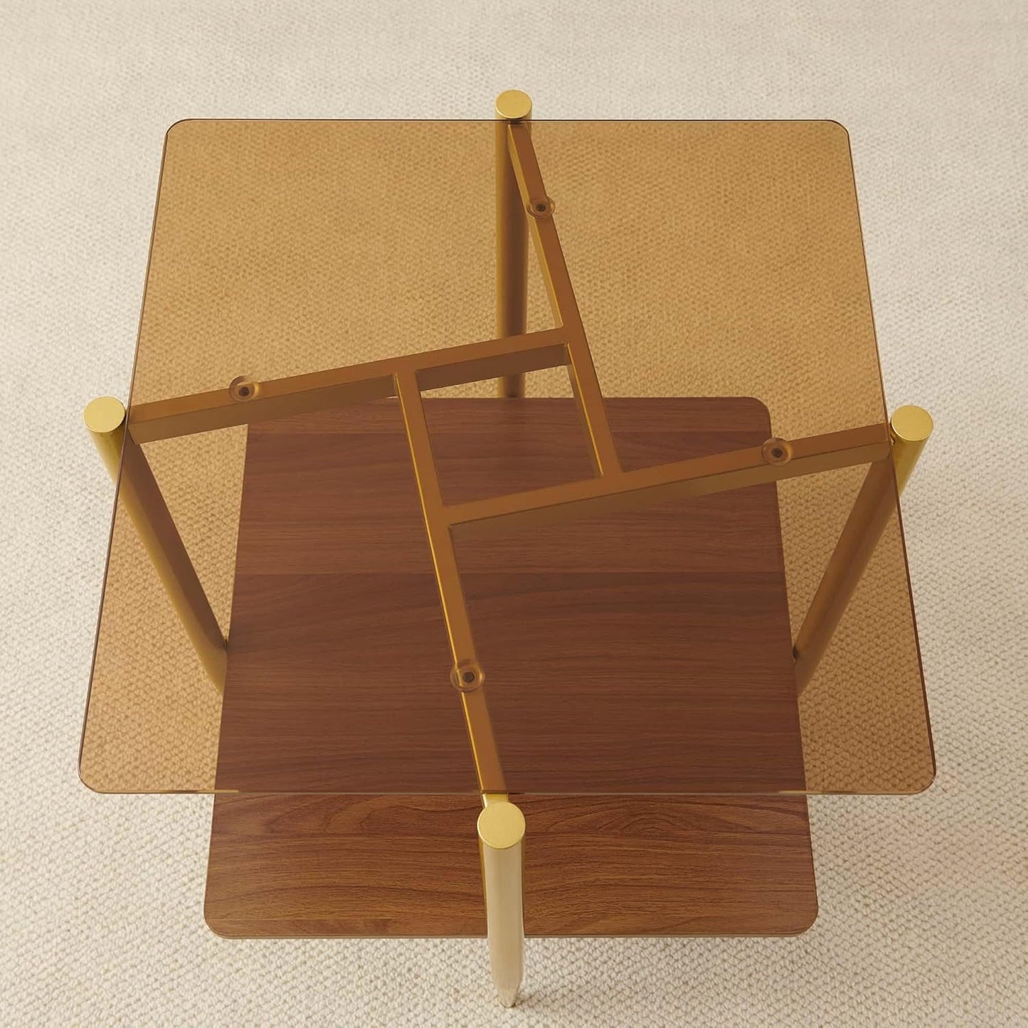 Square Glass End Table, Mid-Century Modern Sofa Table, L20*W20*H23 inch for Living Room, 2-Tier Structure, Amber Glass Top and Walnut MDF Shelf, Sleek Conical Metal Legs with Gold Finish
